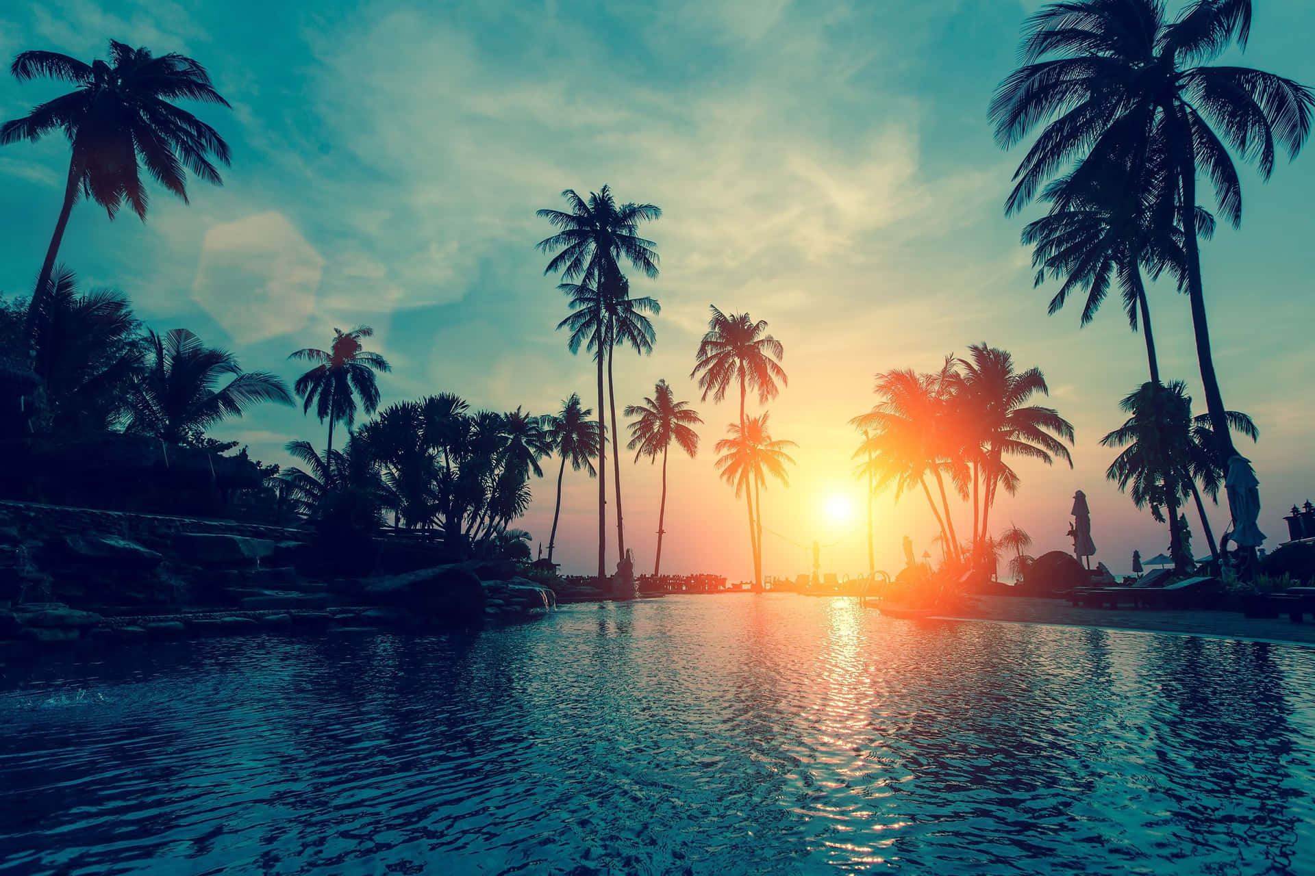 Puestade Sol En La Piscina De Palm Beach Fondo de pantalla