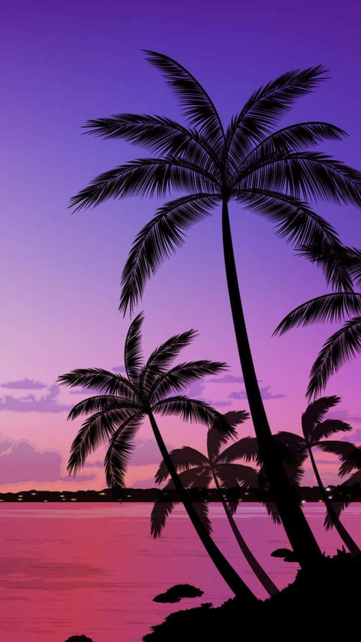 Palm Trees Beach Sunset Purple Sky Vector Art Wallpaper