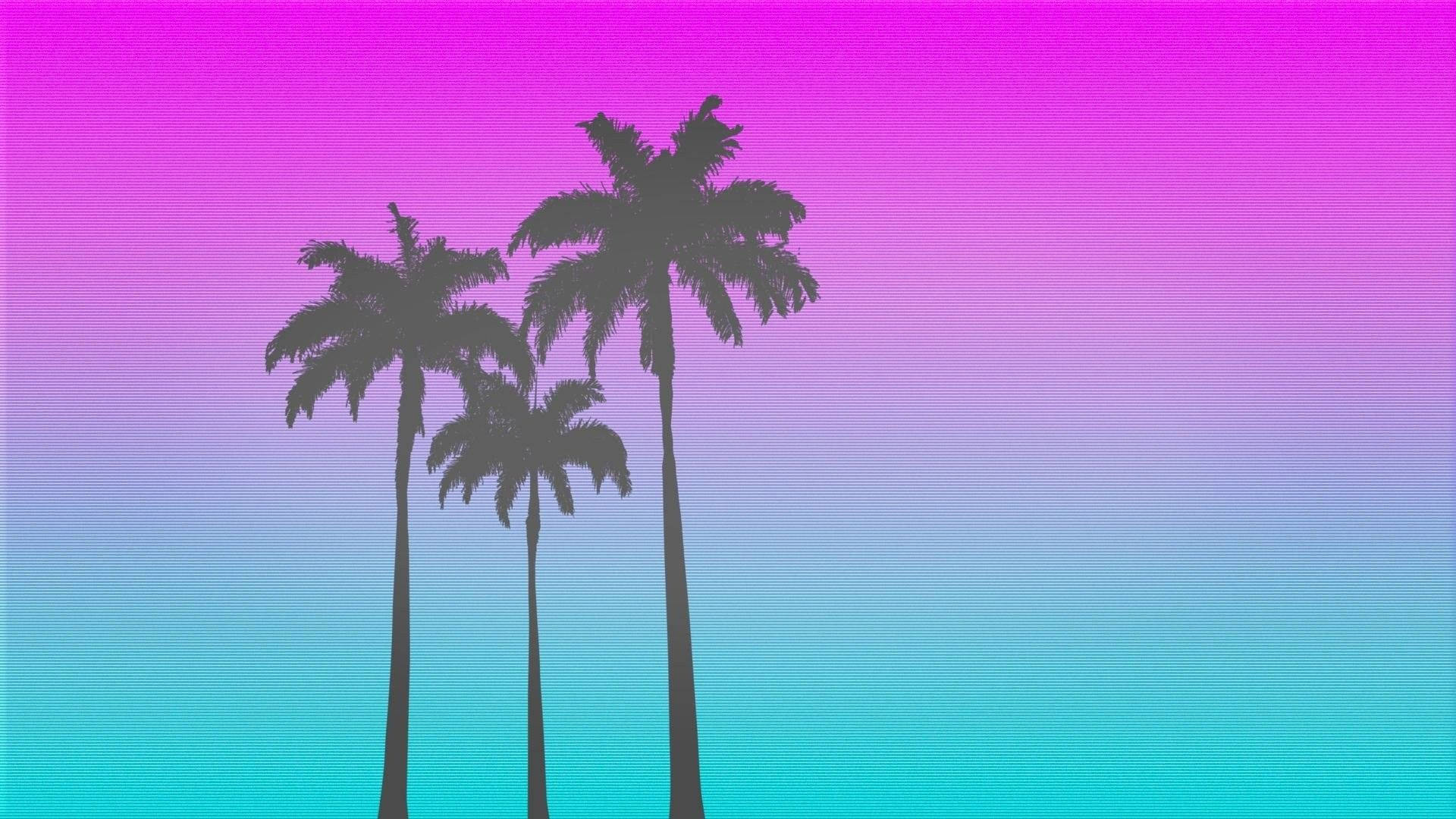 Grey palm trees Hotline Miami pink and blue desktop wallpaper.