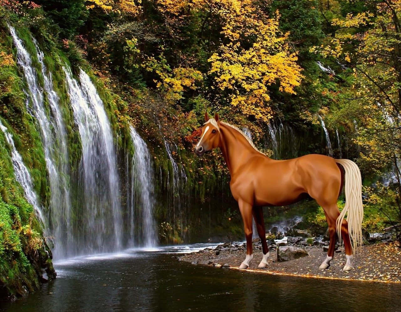 A Brown Horse Standing In Front Of A Waterfall