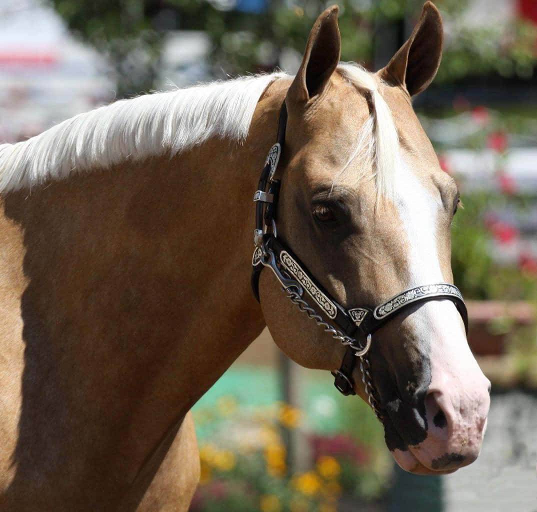 A Horse With A White And Brown Bridle
