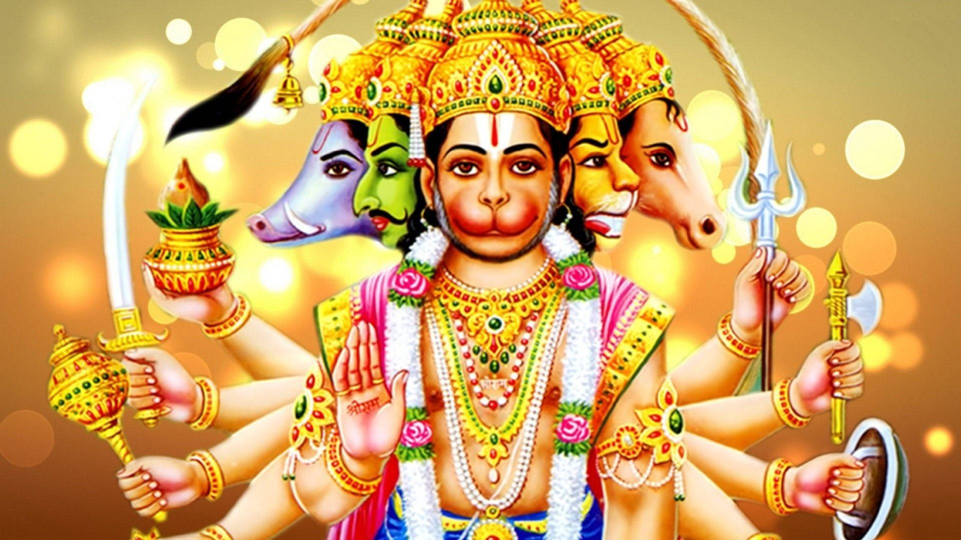 Panchmukhi Hanuman Med Lyse Cirkler Wallpaper