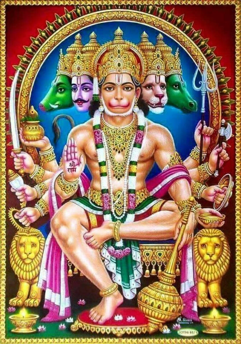Panchmukhi Hanuman On Lion Throne Wallpaper