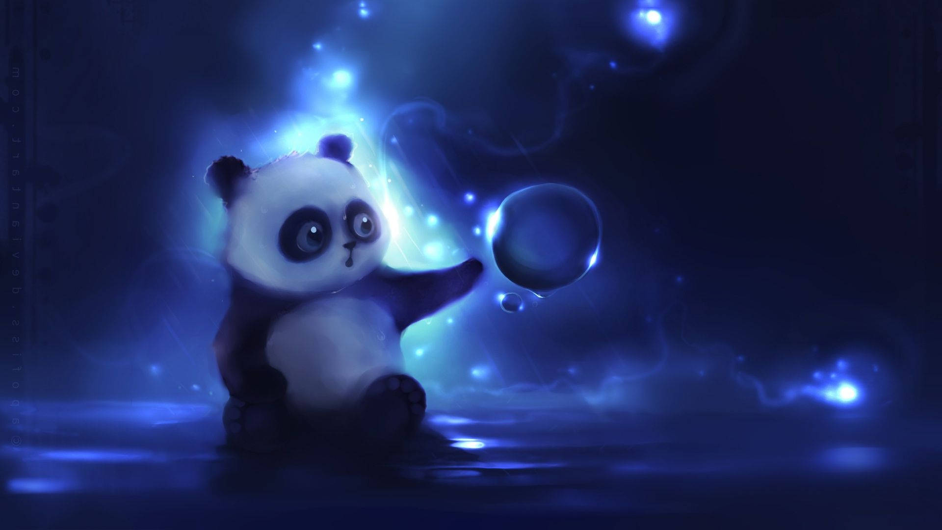 Panda Glowing Blue Bubbles Background