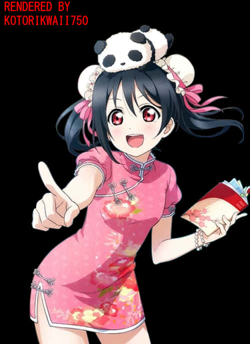 Panda Hat Anime Girlin Pink Cheongsam PNG