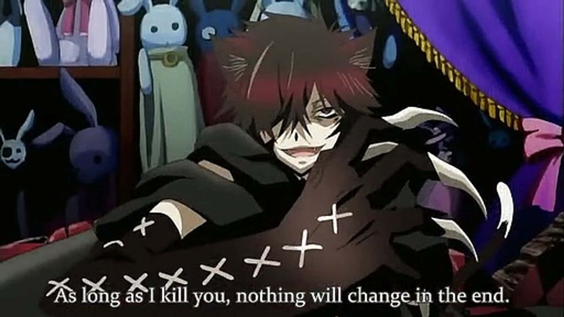 Pandora Hearts Cheshire Kat Bedreigende Quote Achtergrond