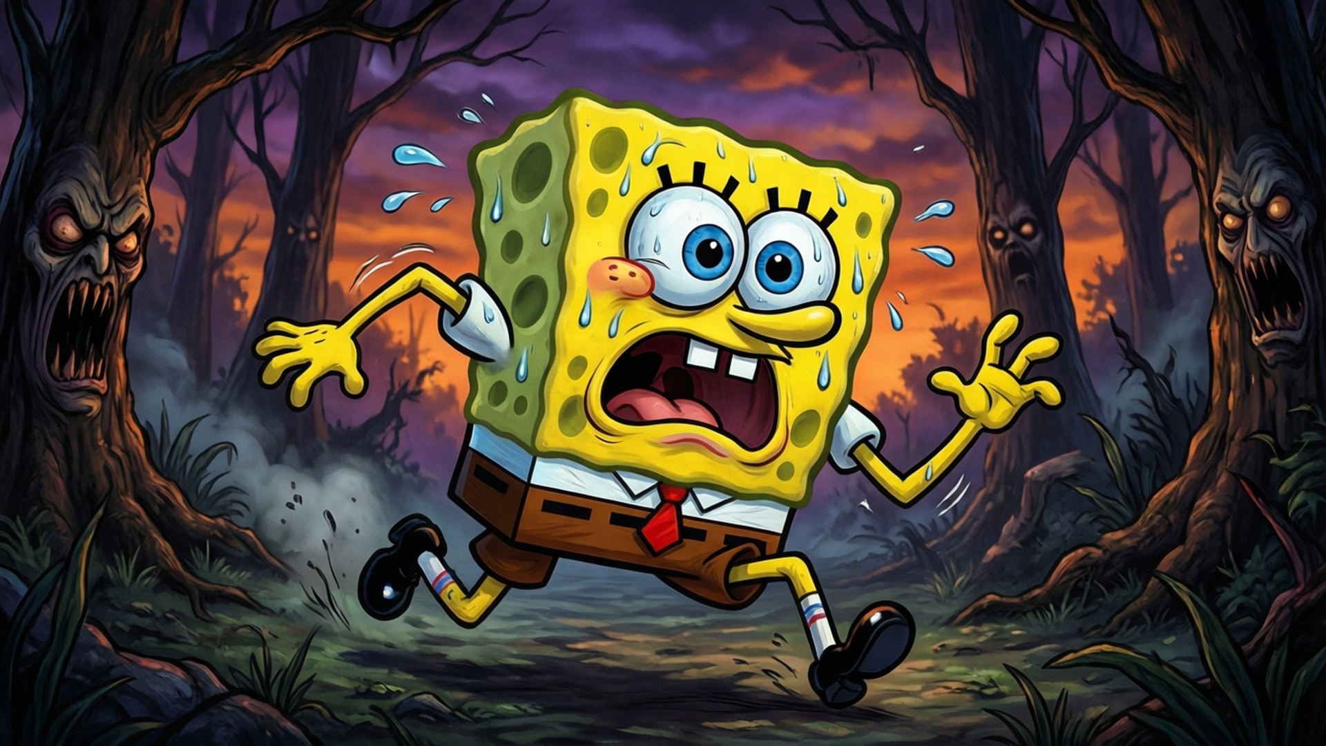 Panic Pants Run Bakgrunner — Svampebob Firkant løper skrekkslagen gjennom en hjemsøkt skog med glødende øyne og knudrete trær under en brennende solnedgangshimmel.