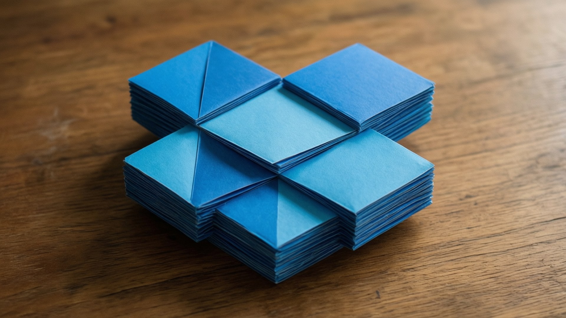 A photorealistic wallpaper of blue paper boxes stacked into the Dropbox logo shape.