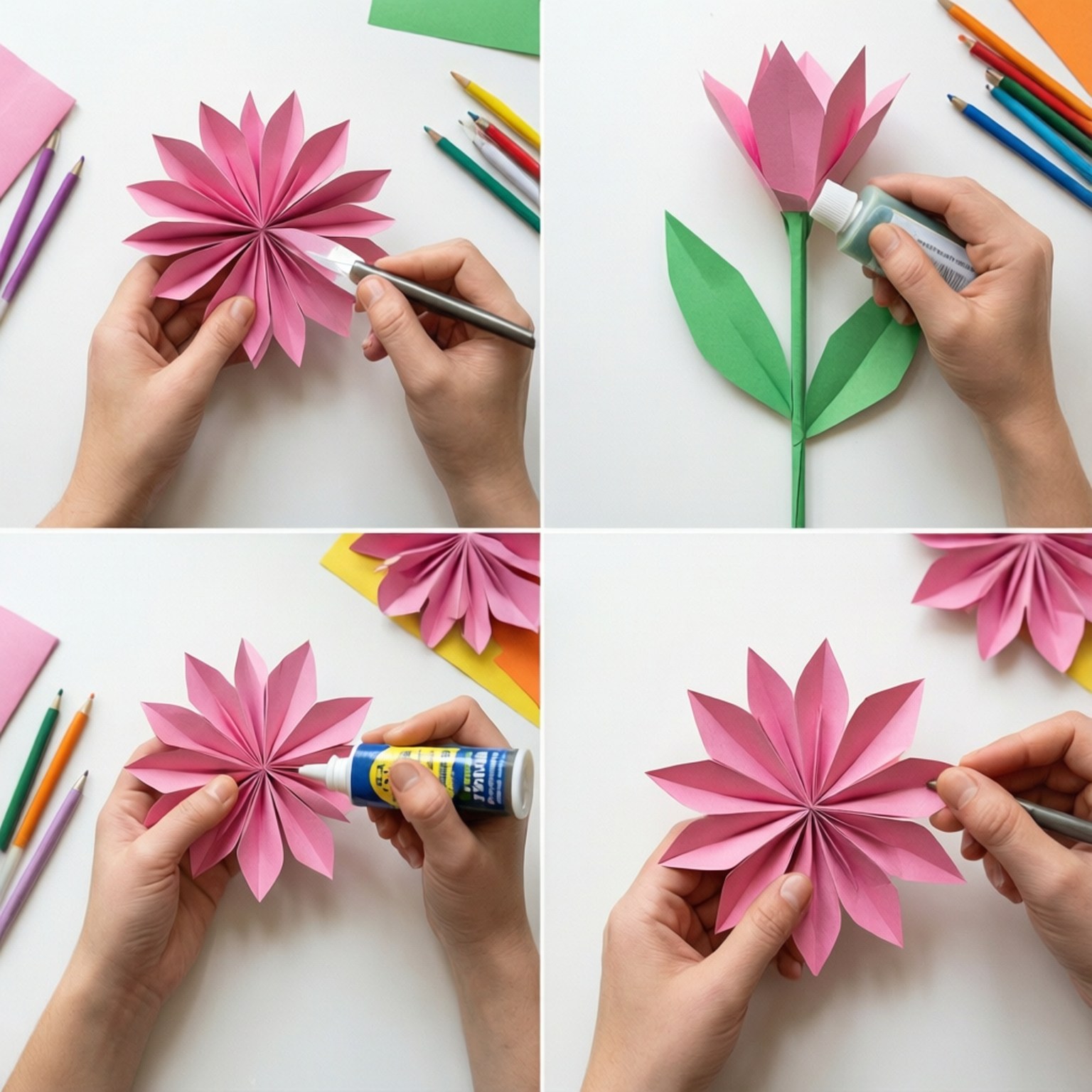 Et klart trin-for-trin layout til DIY papirblomst fremstilling.