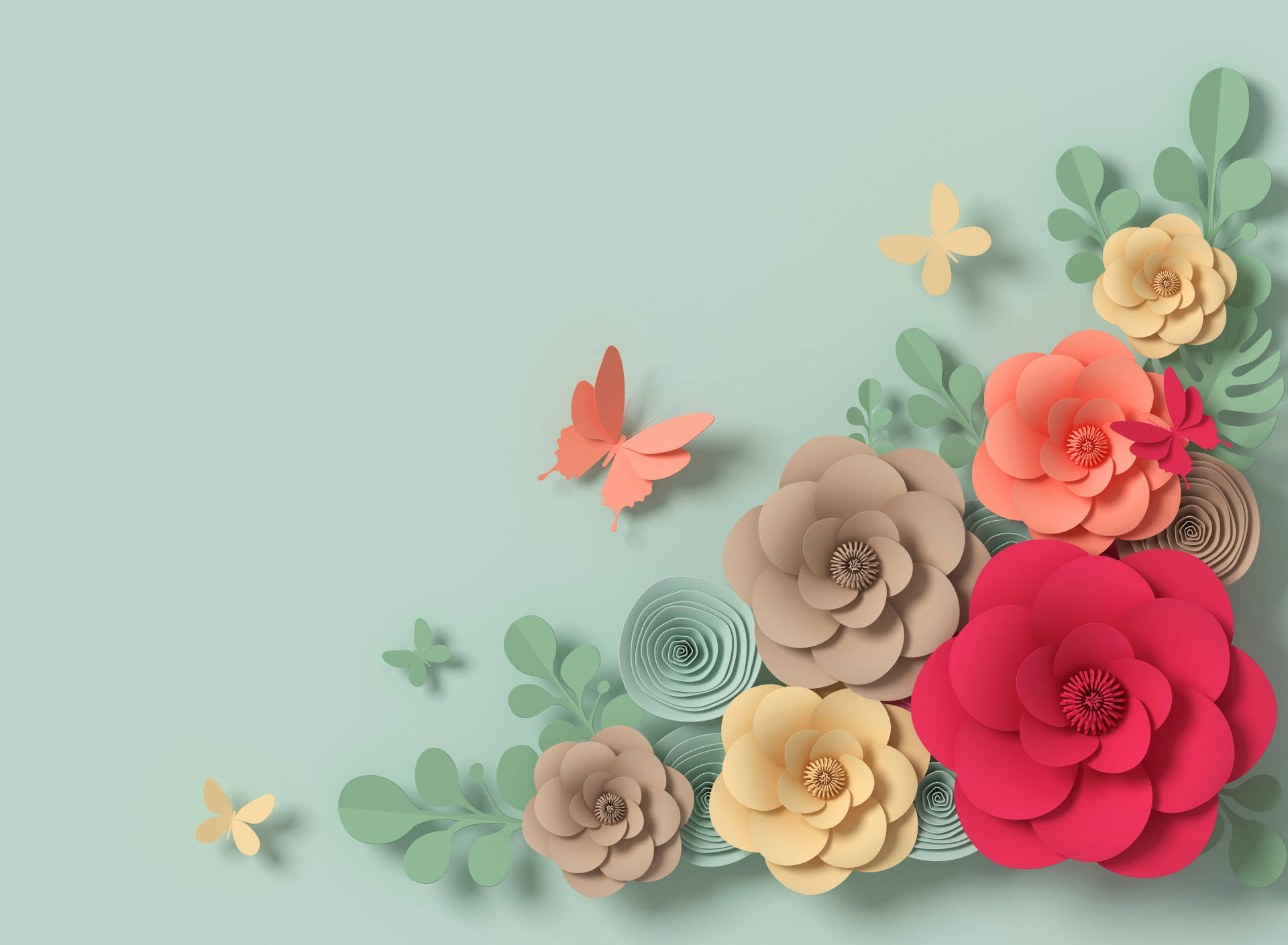 Pastellfarbenedesktop-hintergrundbilder Mit Papierblumen Und Schmetterlingen. Wallpaper