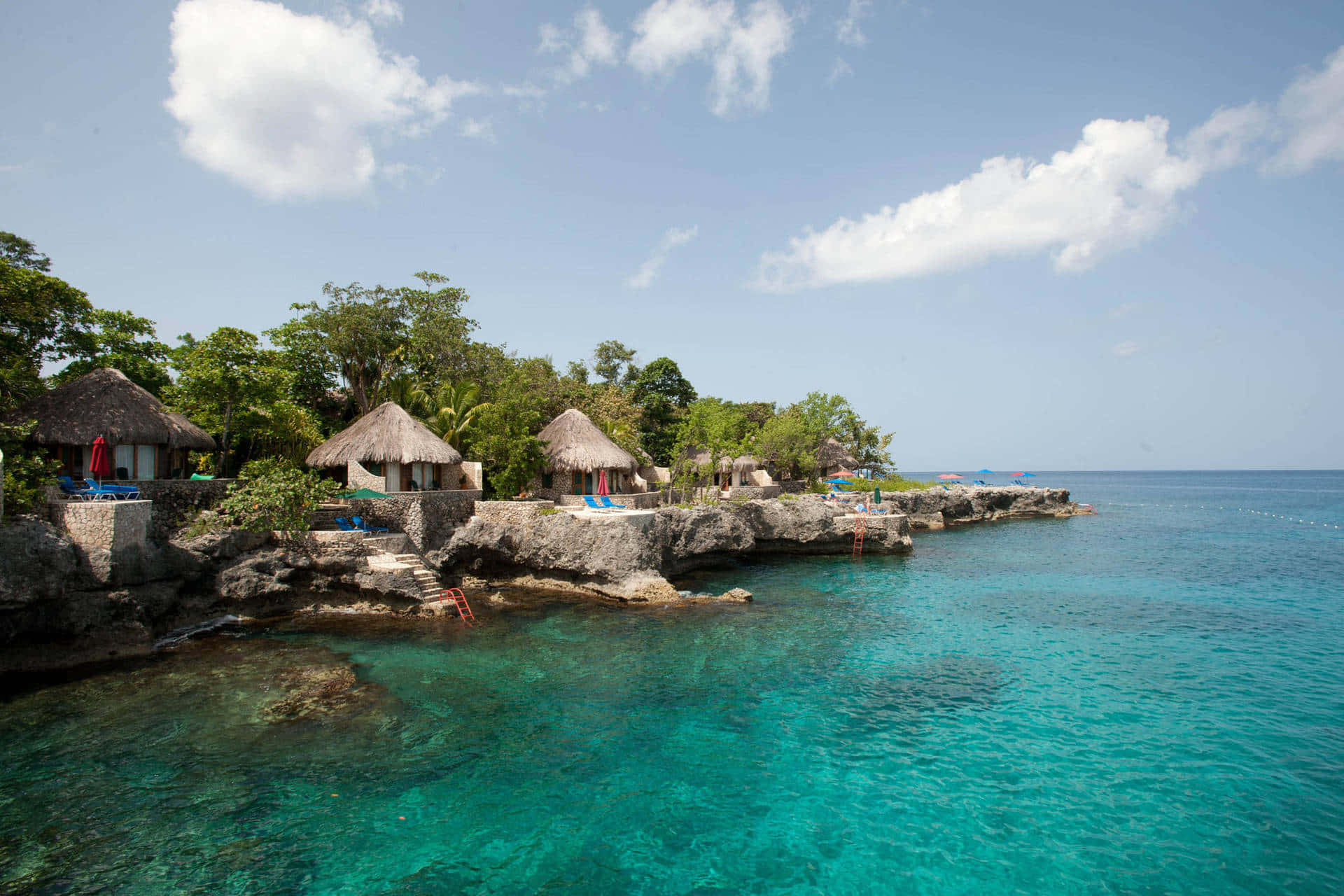 Paradisogiamaicano: Una Vista Mozzafiato Della Costa Dell'isola Con Acque Turchesi, Lussureggianti Palme E Vibrante Floreale In Fiore