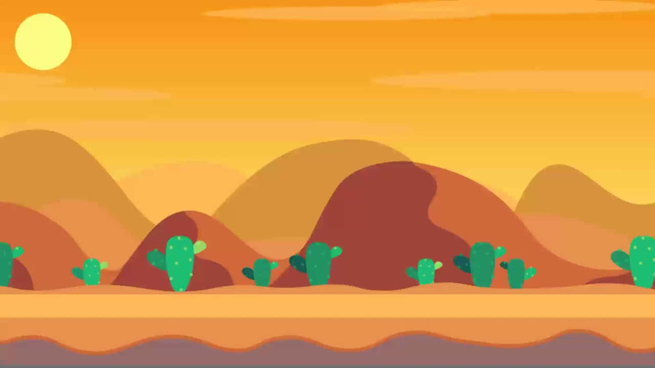 A Desert Landscape With Cactus Plants And A Sunset