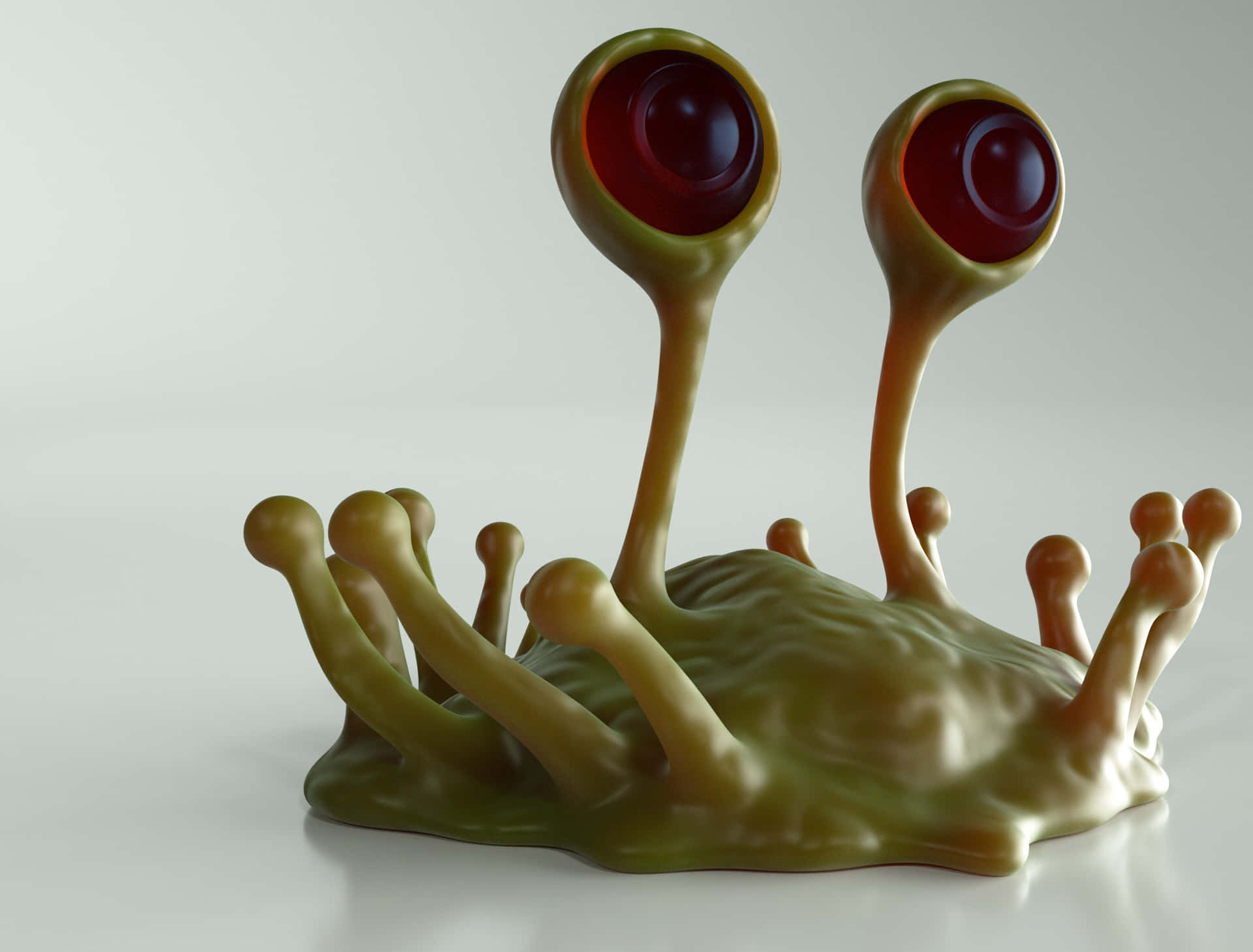 A 3d Model Of A Green Alien With Red Eyes