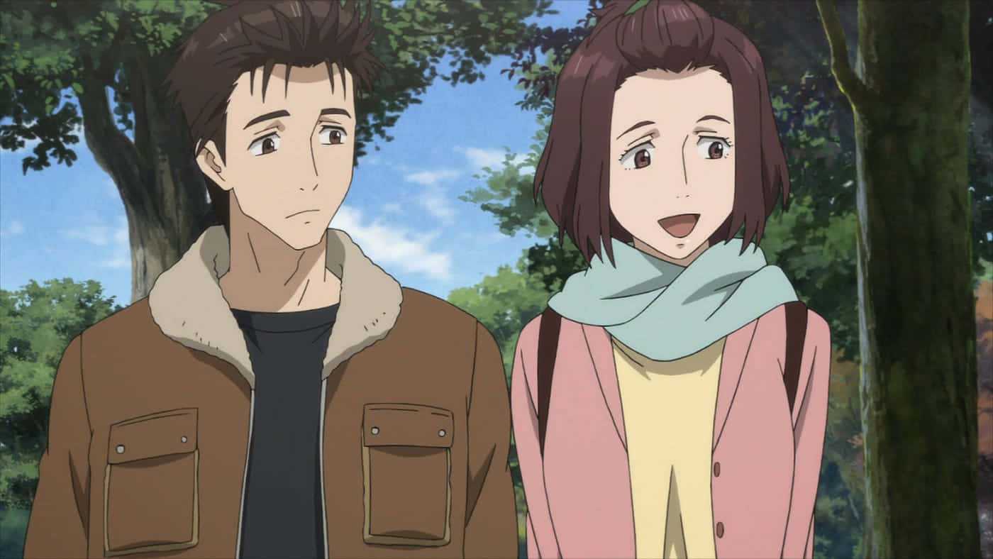 Parasyte Satomi Ja Shinichi Kävelevät Taustakuva