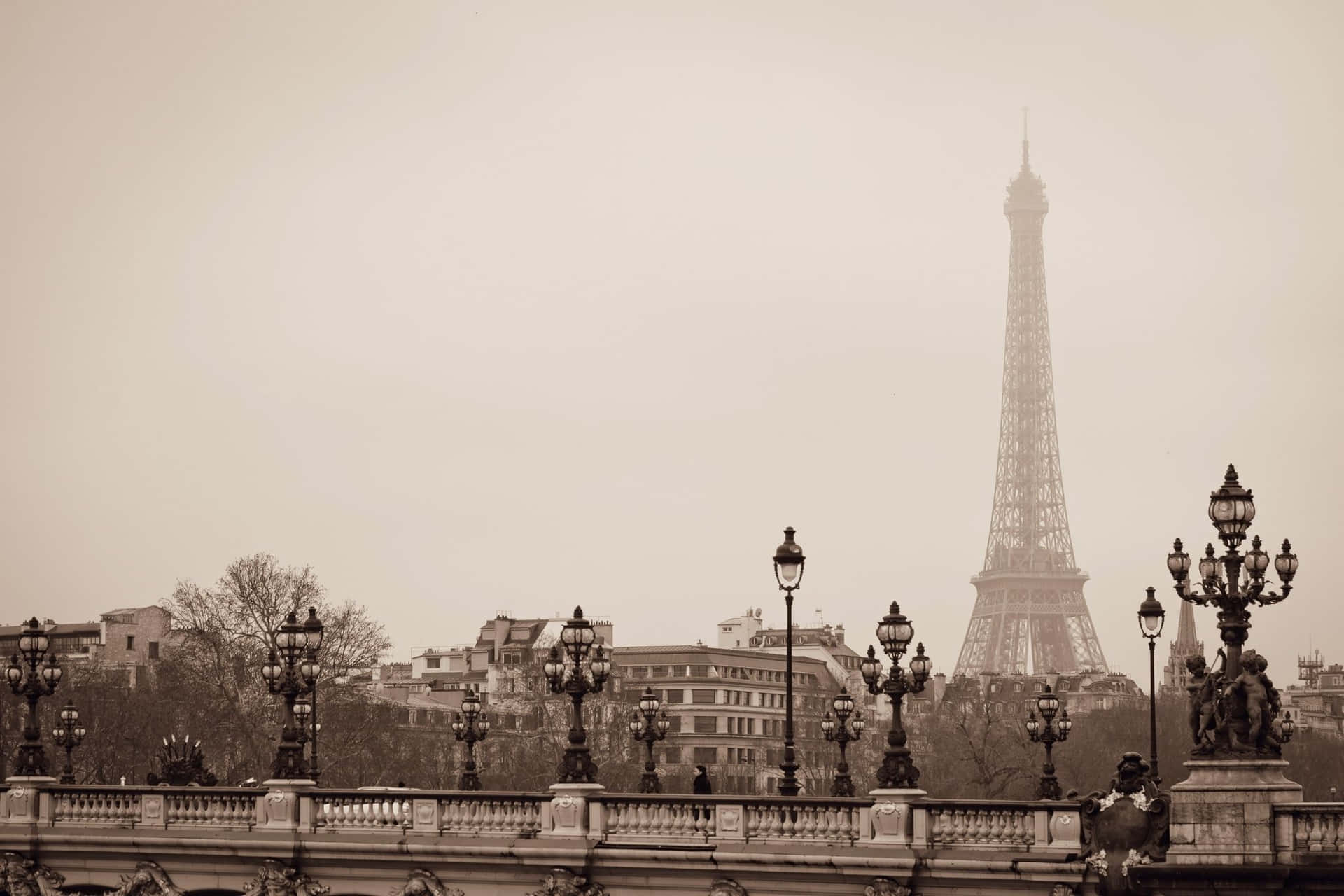 Et Paris skyline udsigt med monumenter og landskab. Wallpaper