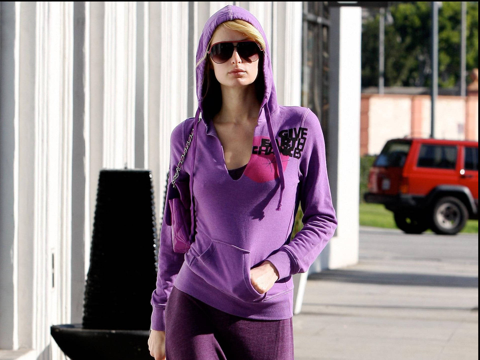 Paris Hilton Violet Track Suit Background