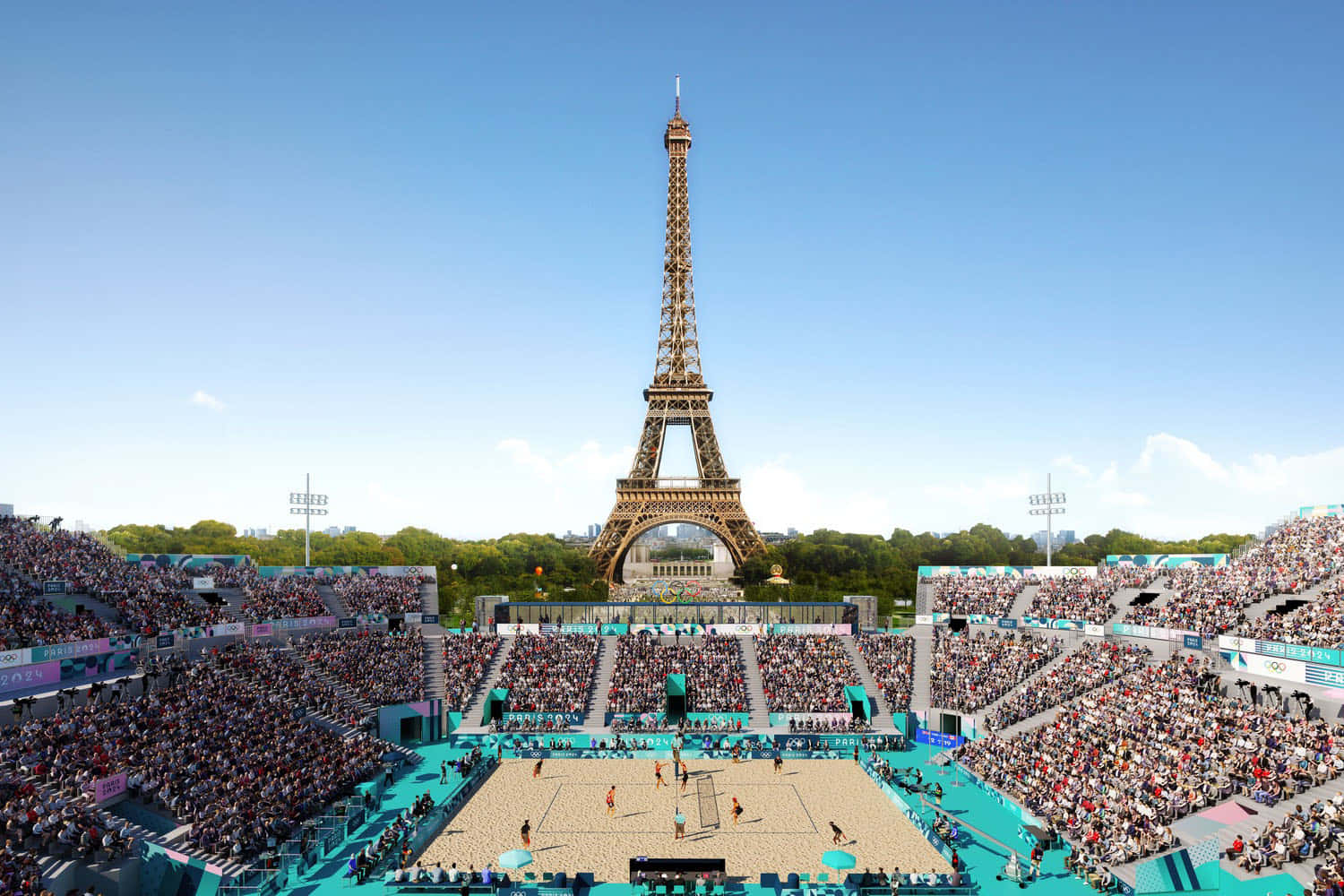 Paris Olympics2024 Eiffel Tower Beach Volleyball Wallpaper