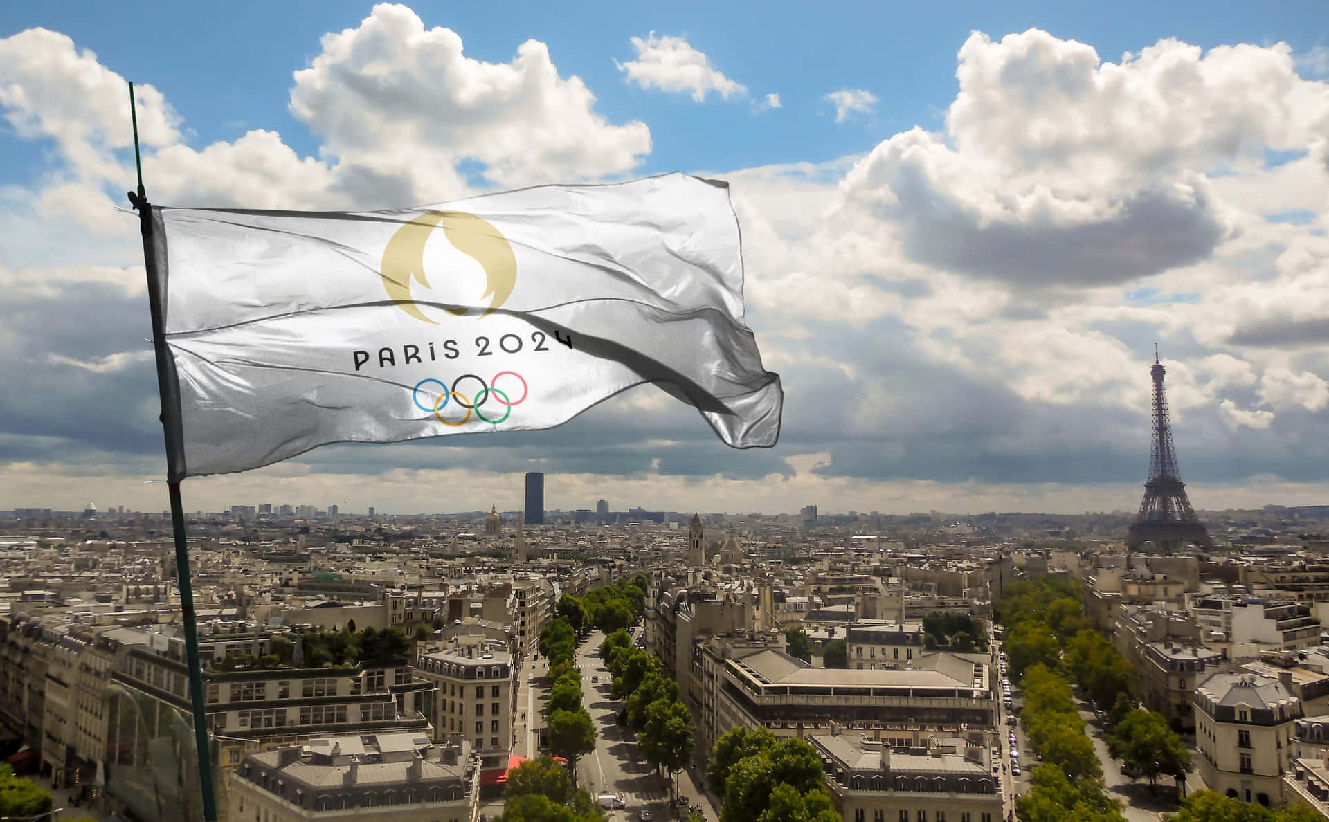 Paris2024 Olympics Flag Eiffel Tower View Wallpaper