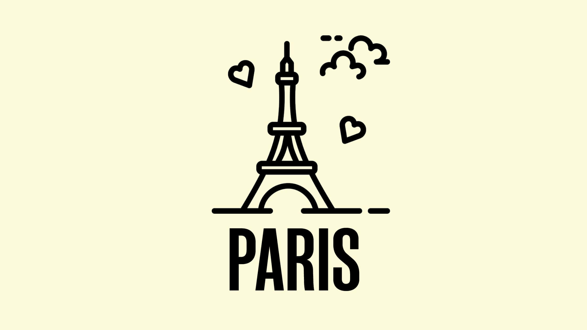 Paris pictures — Minimalist line art of the Eiffel Tower with hearts and clouds on a cream background with bold PARIS text.