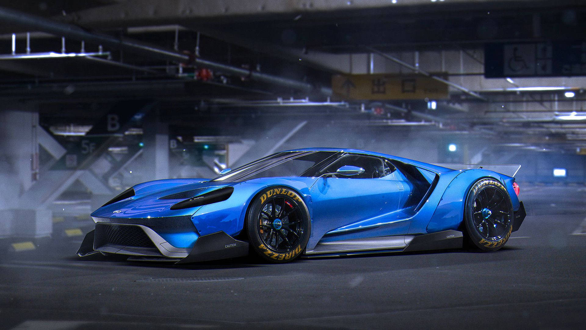 Parking Lot With Blue Ford Gt Wallpaper