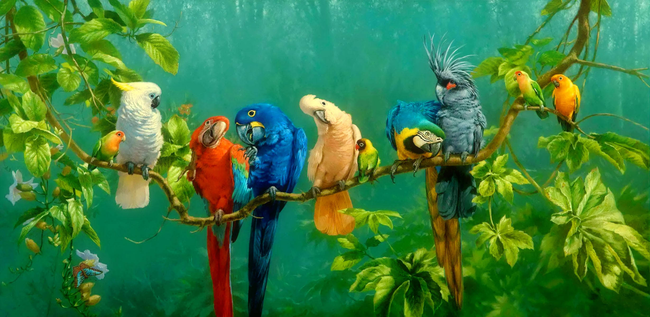 Parrots In The Forest Painting Wallpaper