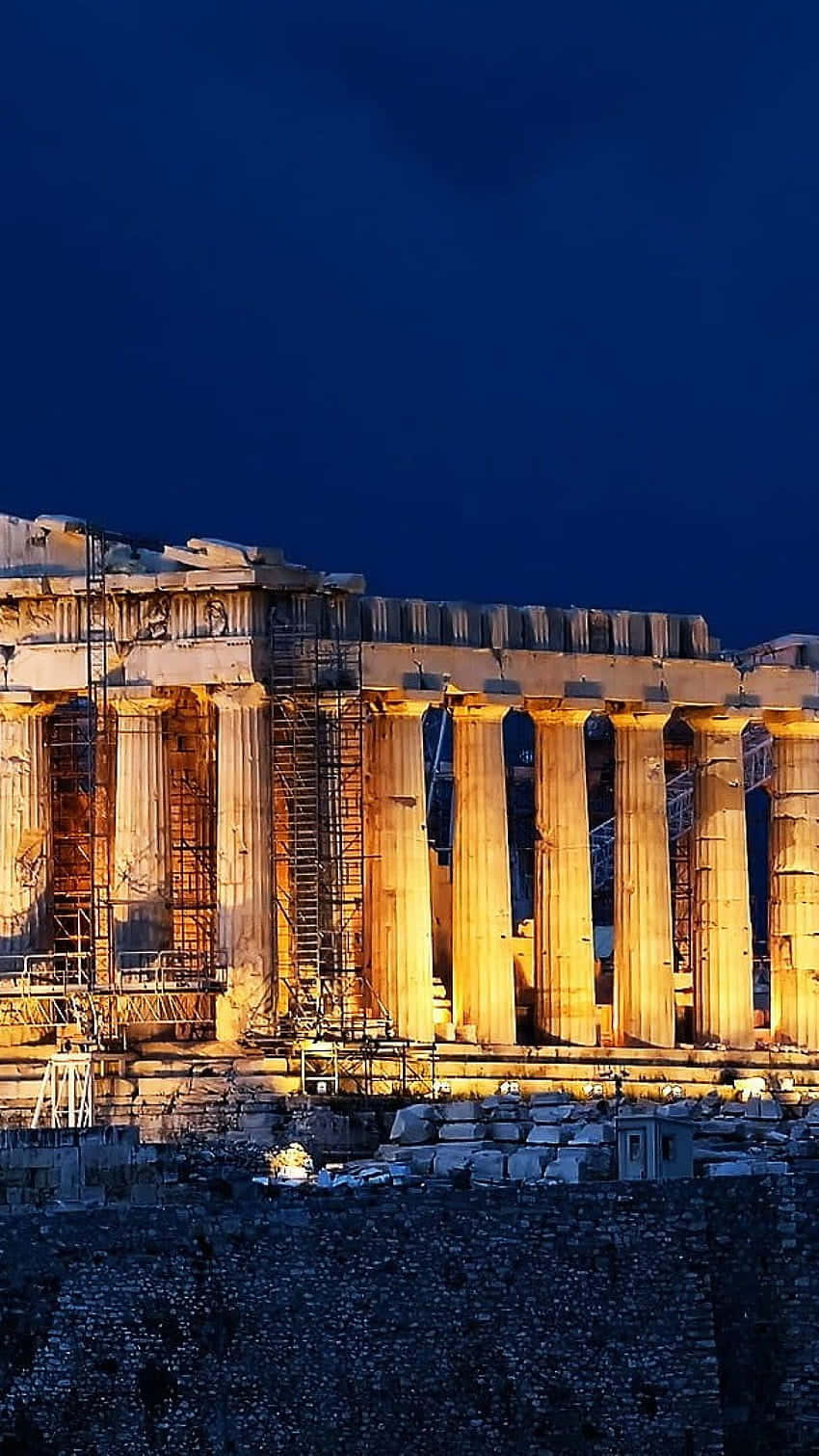 Parthenon Acropolis With Work Lights And Scaffolding Wallpaper