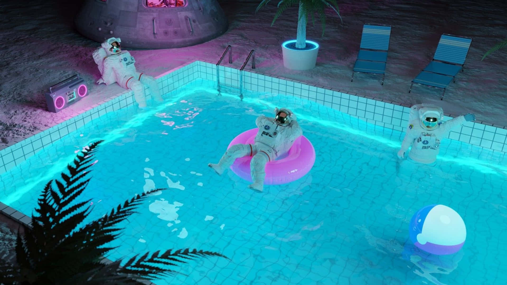 A Pool With People In Suits And A Neon Light