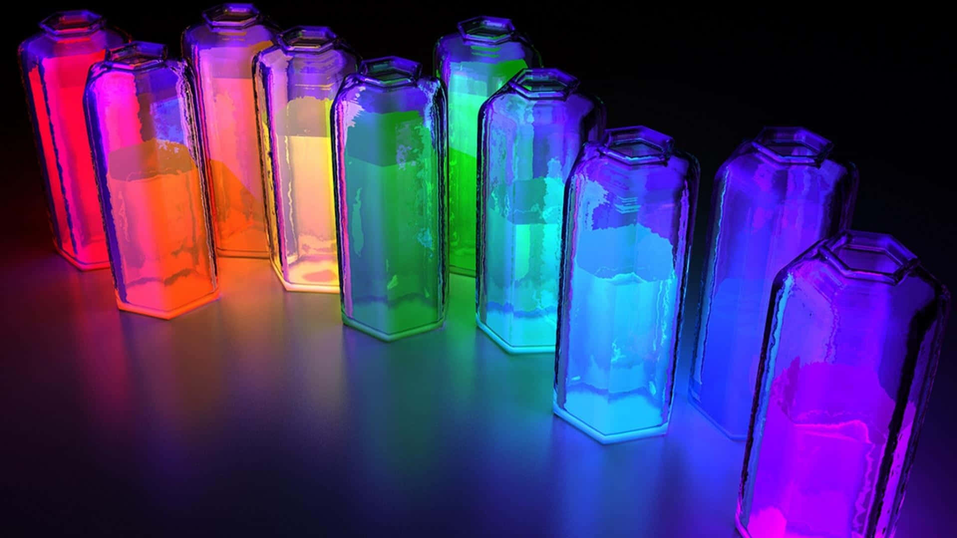 A Group Of Colorful Bottles With Lights In Them