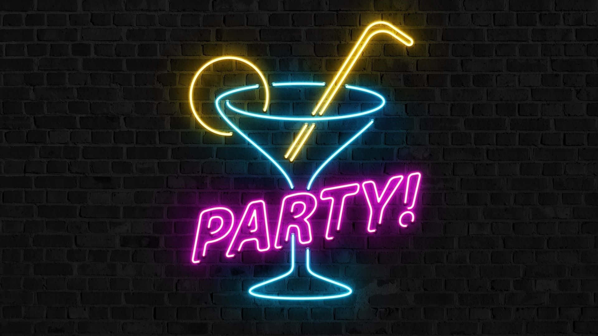 Neon Sign With A Cocktail And A Straw On A Brick Wall Background