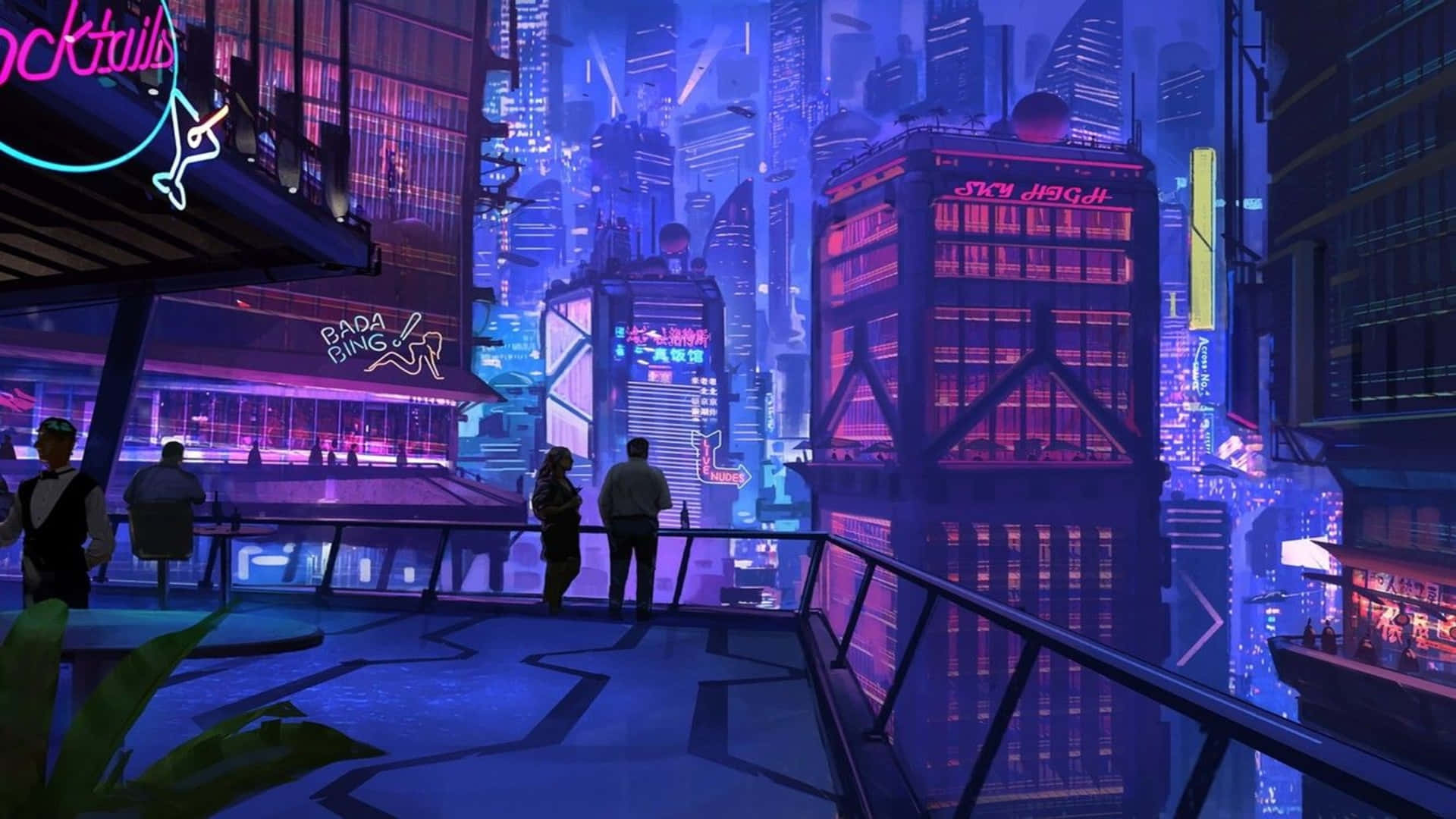 A City With Neon Lights And People Standing On A Rooftop