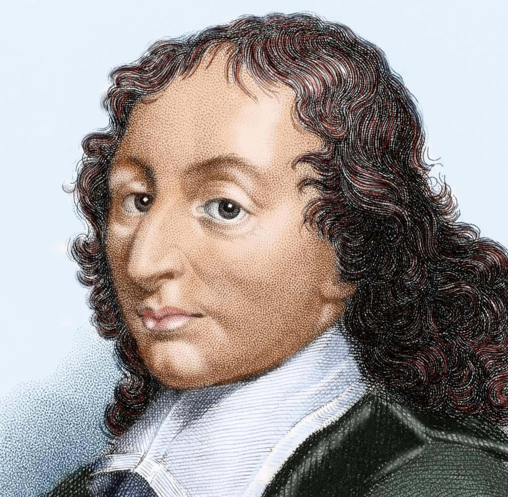 Pascal Programming Language Picture — A vintage engraved portrait of a man with curly dark hair wearing a white collar and dark coat against a light blue background.