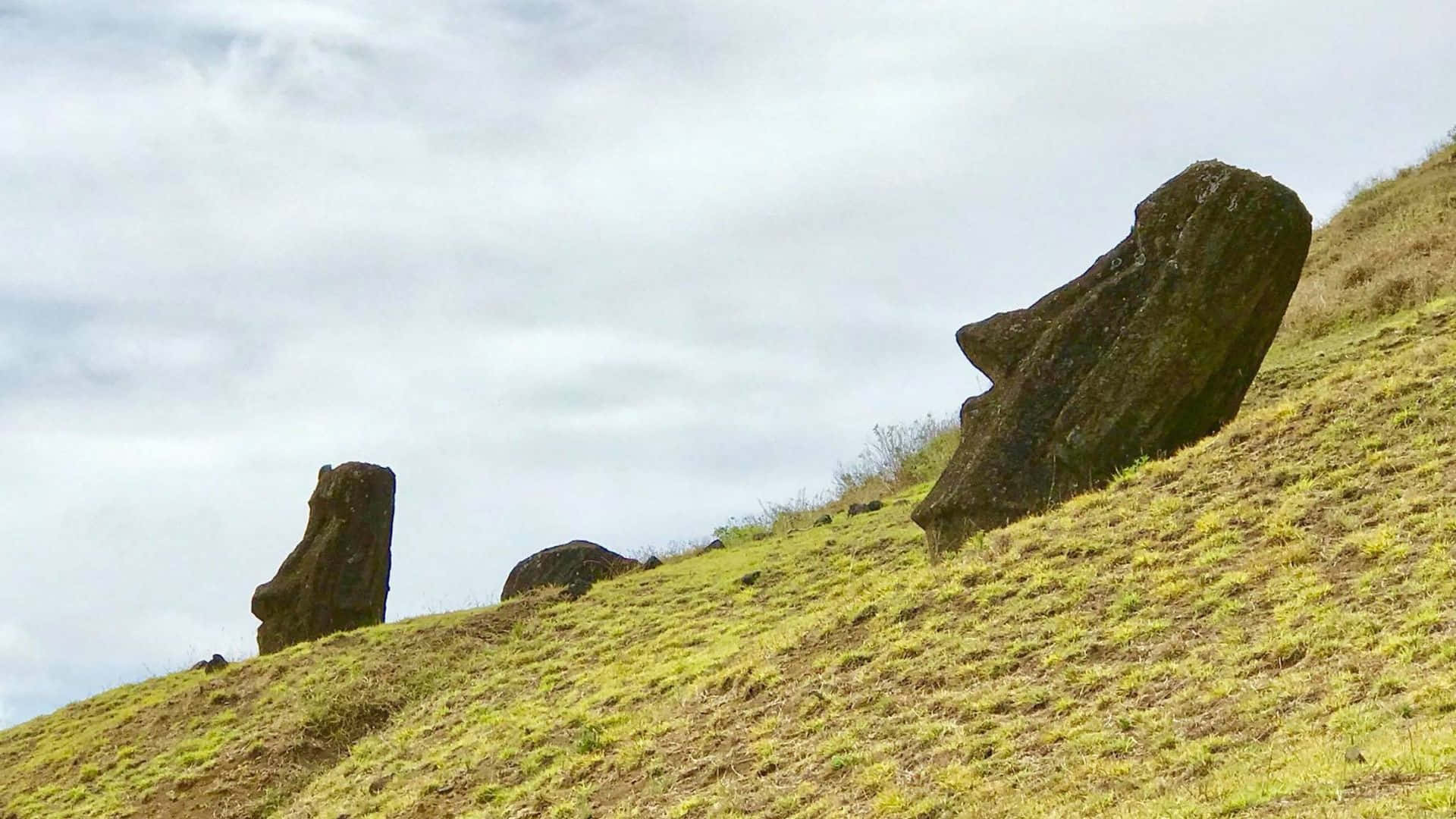 Easter Island Wallpaper — Two massive stone moai statues rest on a grassy hillside under an overcast sky.