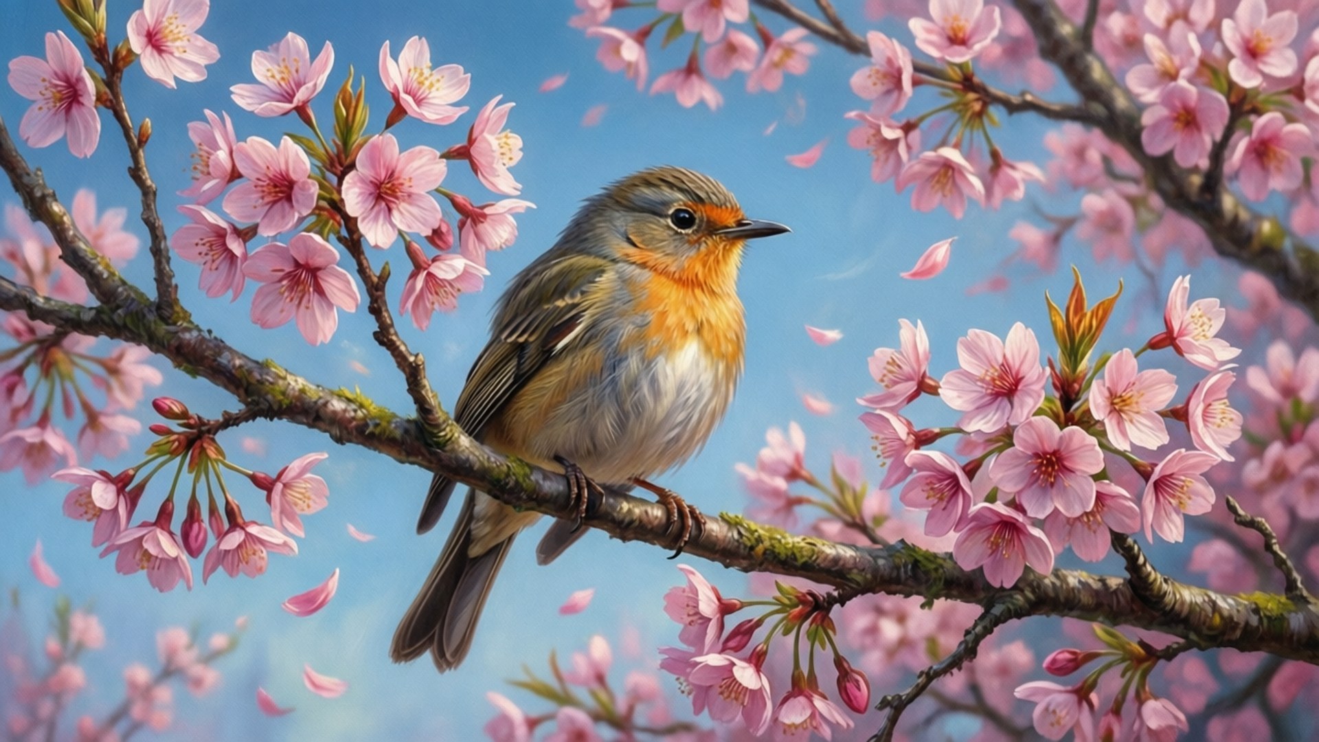 Bird and Blossoms Wallpaper — A small bird with orange throat perches on a cherry blossom branch against a clear blue sky.