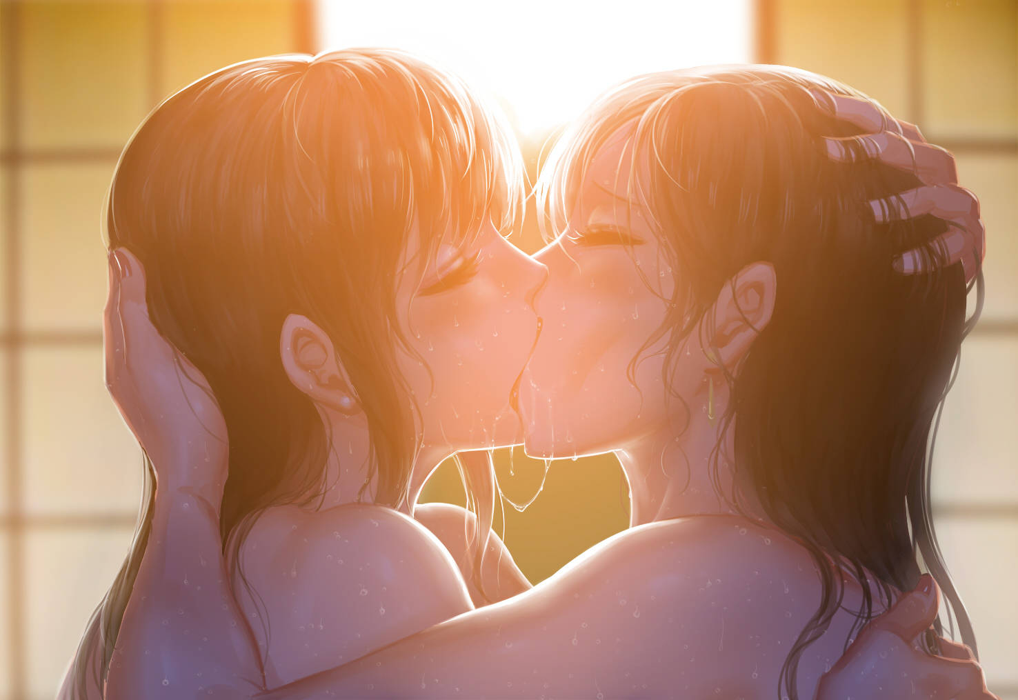 Passionate Anime Women Kissing Wallpaper