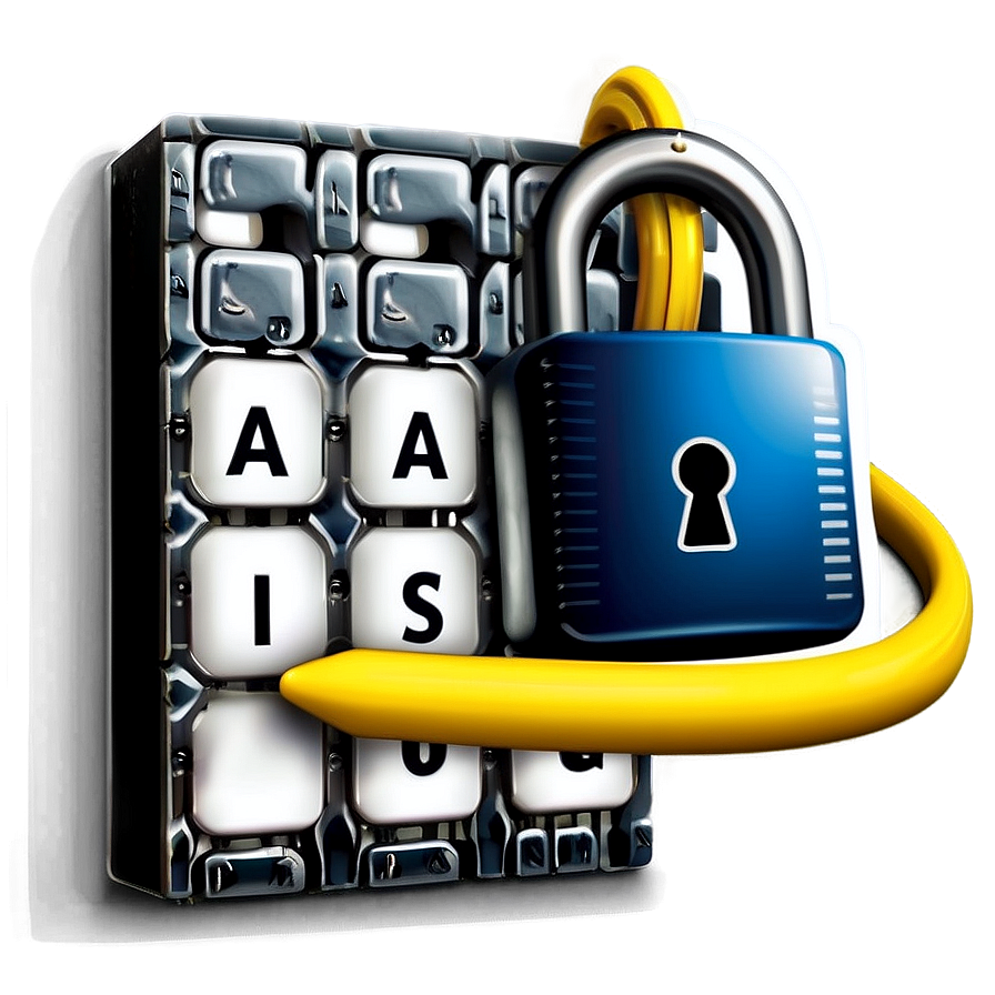 password b PNG — A blue padlock with yellow shackle secures a keyboard displaying the letters A A I S U on its keys.