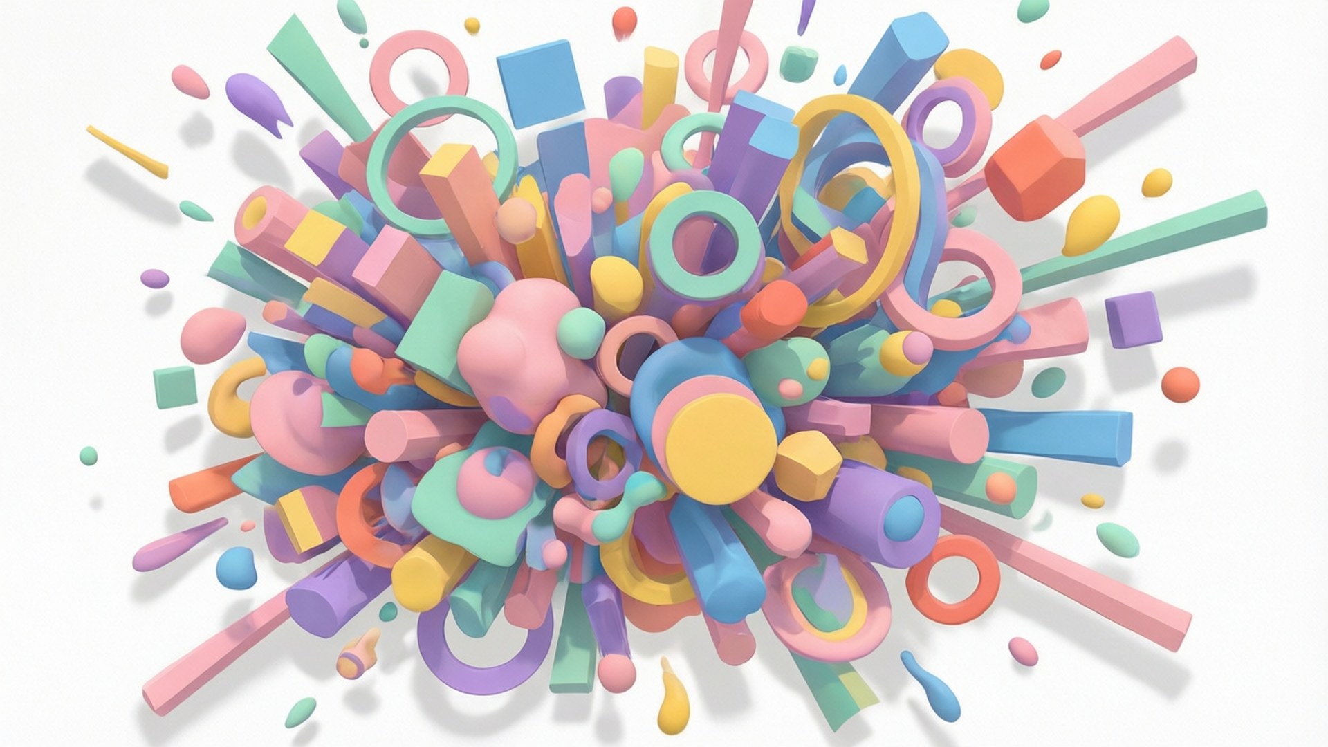 Et farverigt 3d-eksplosion af geometriske former mod en hvid baggrund.