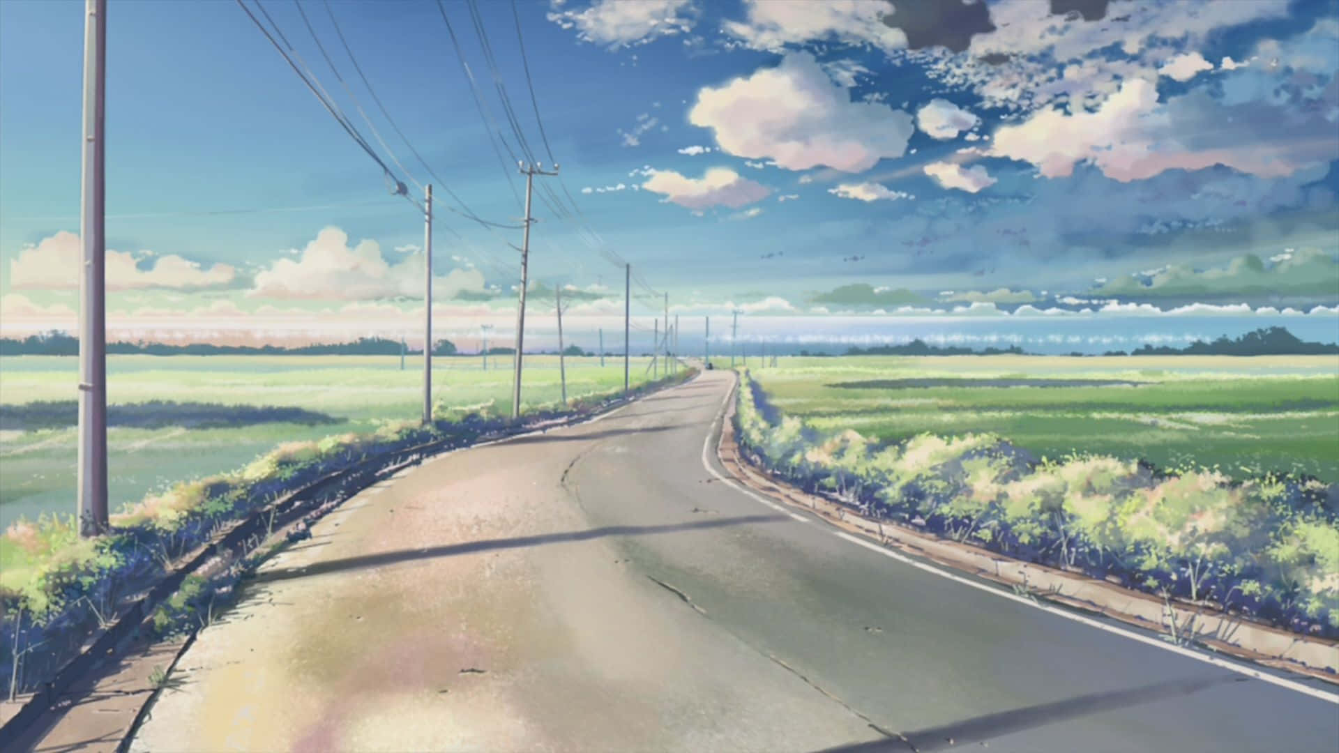 A Painting Of A Road With Power Lines And Clouds Wallpaper