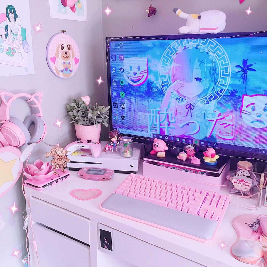 Pastel Anime Gamer Setup Wallpaper