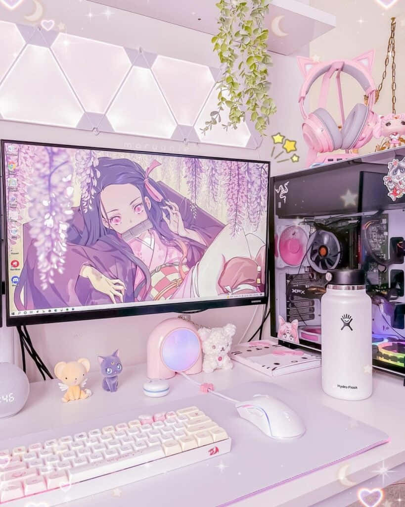 Pastel Anime Gamer Setup Wallpaper