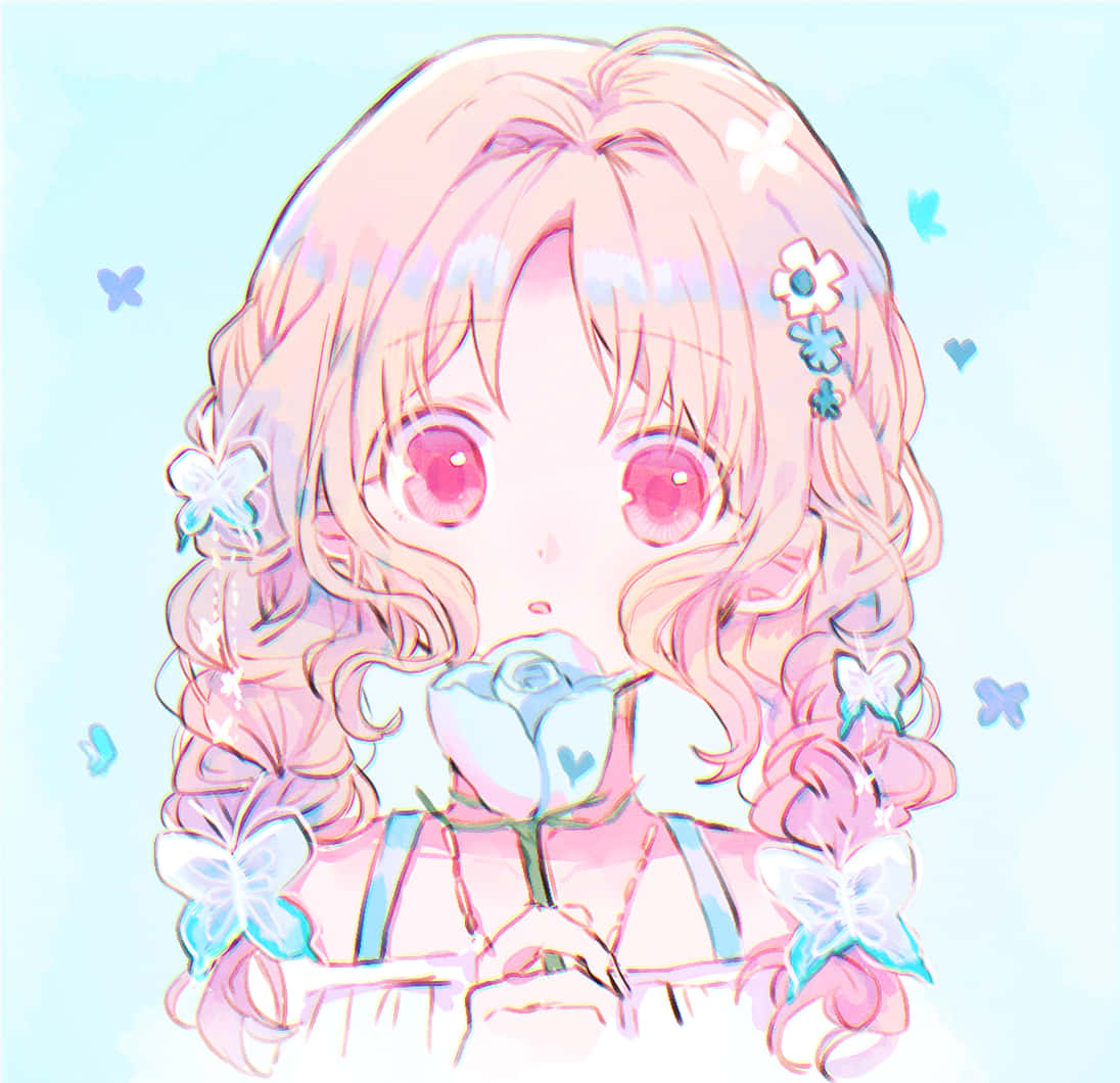 Fille Anime Pastel Avec Rose Bleue Fond d'écran