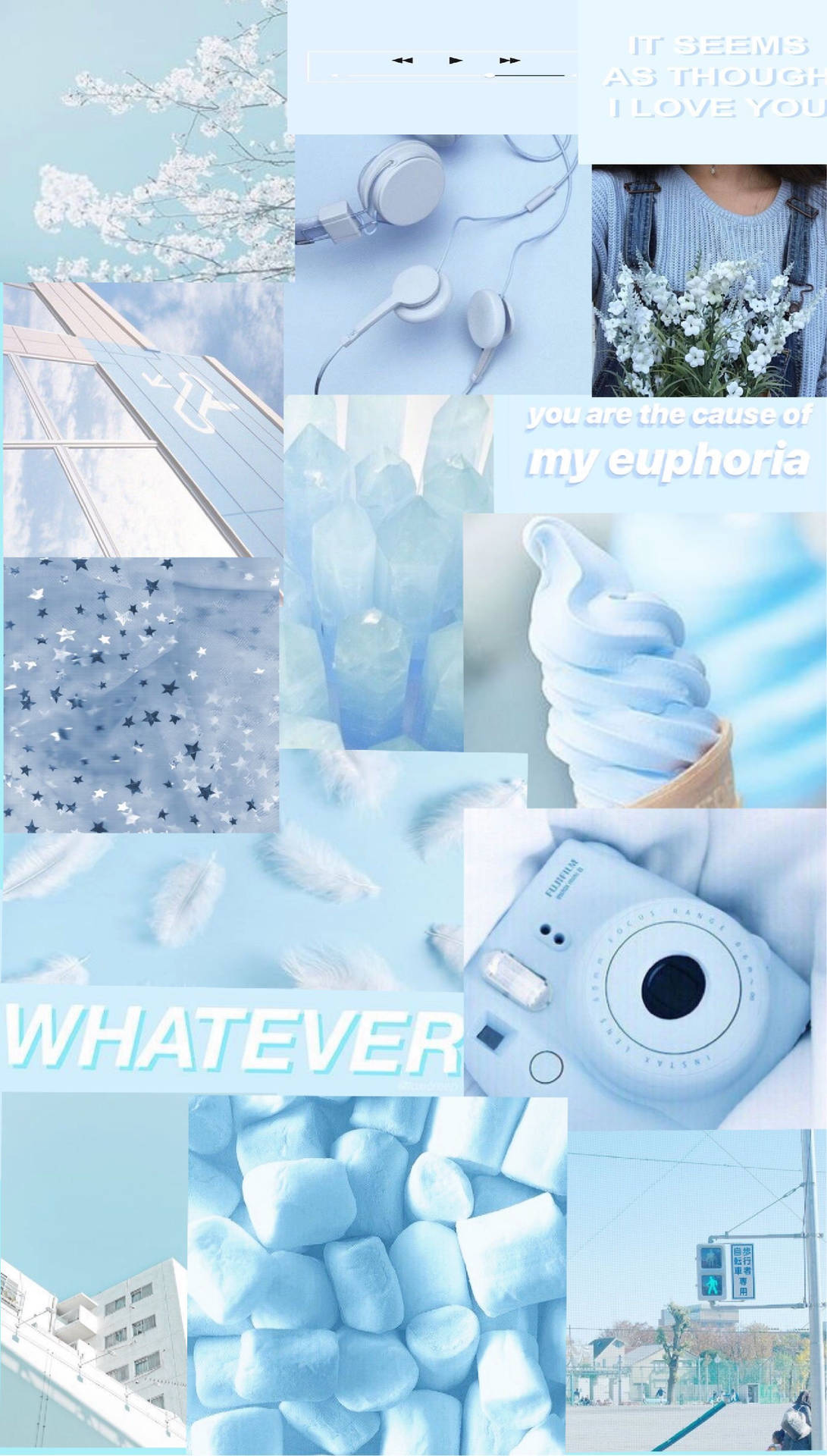 Et collage af billeder med blå og hvide farver. Wallpaper