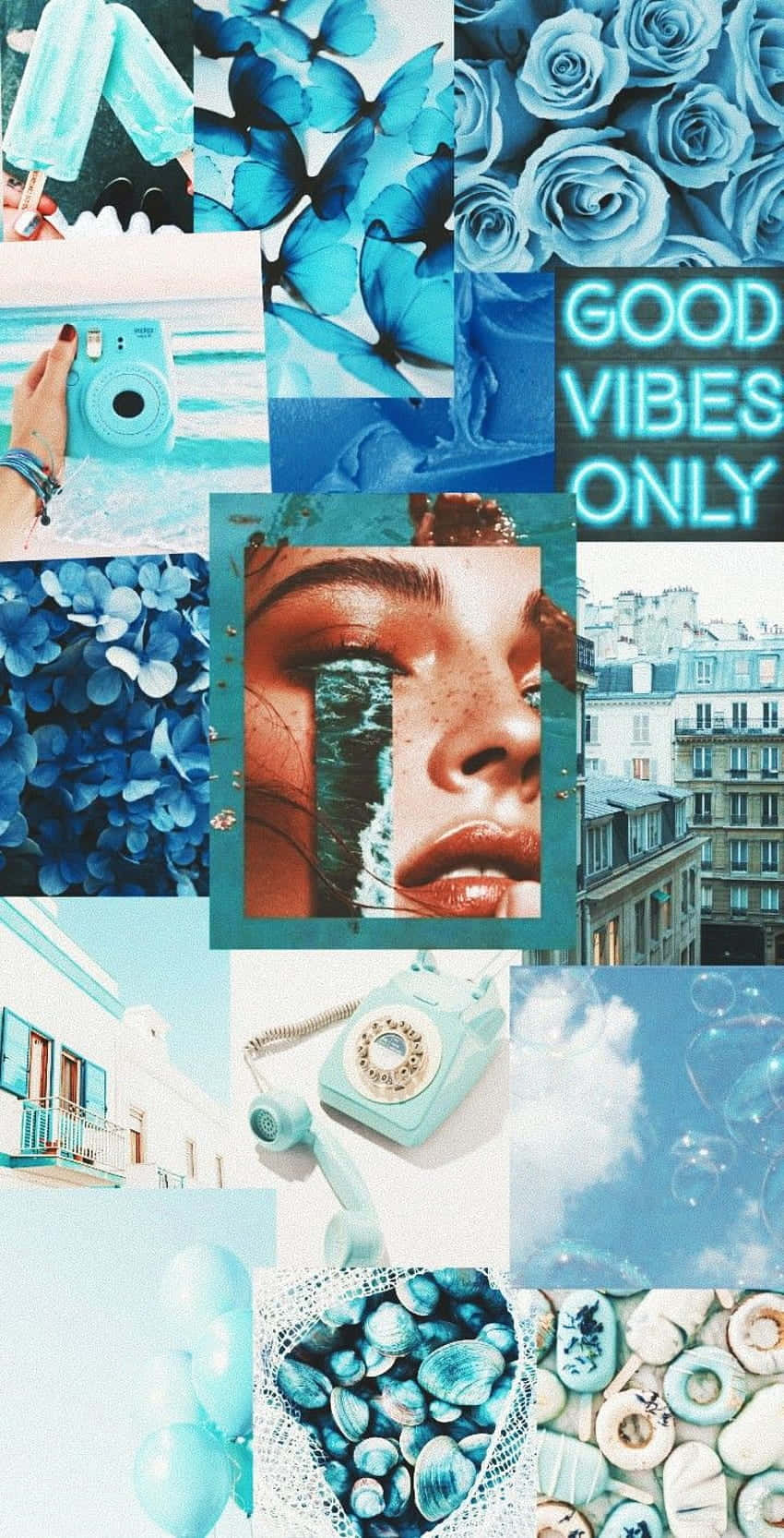 A Collage Of Blue Pictures With The Words Good Vibes Only Wallpaper