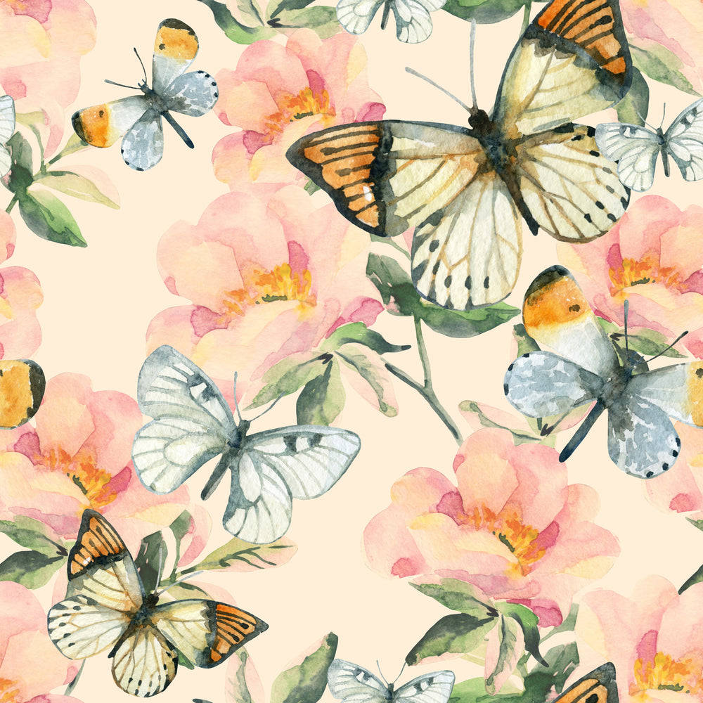 Pastelfarvet sommerfuglemønster og Pink Blomster Wallpaper