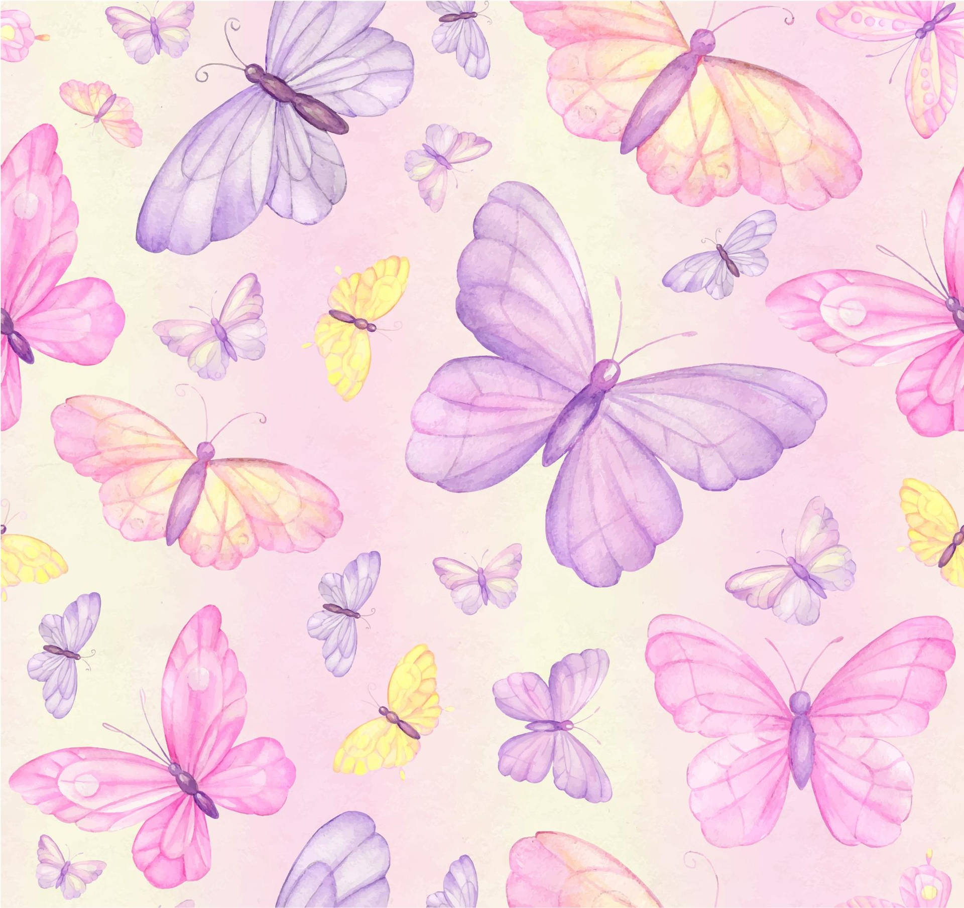 Rosa Og Lilla Pastel Sommerfugle Blomstrende På En Himmelblå Baggrund Wallpaper