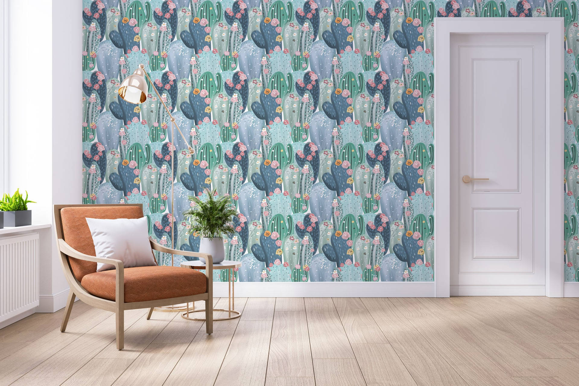 Pastel Cactus Green And Blue Pattern Wall Art Wallpaper