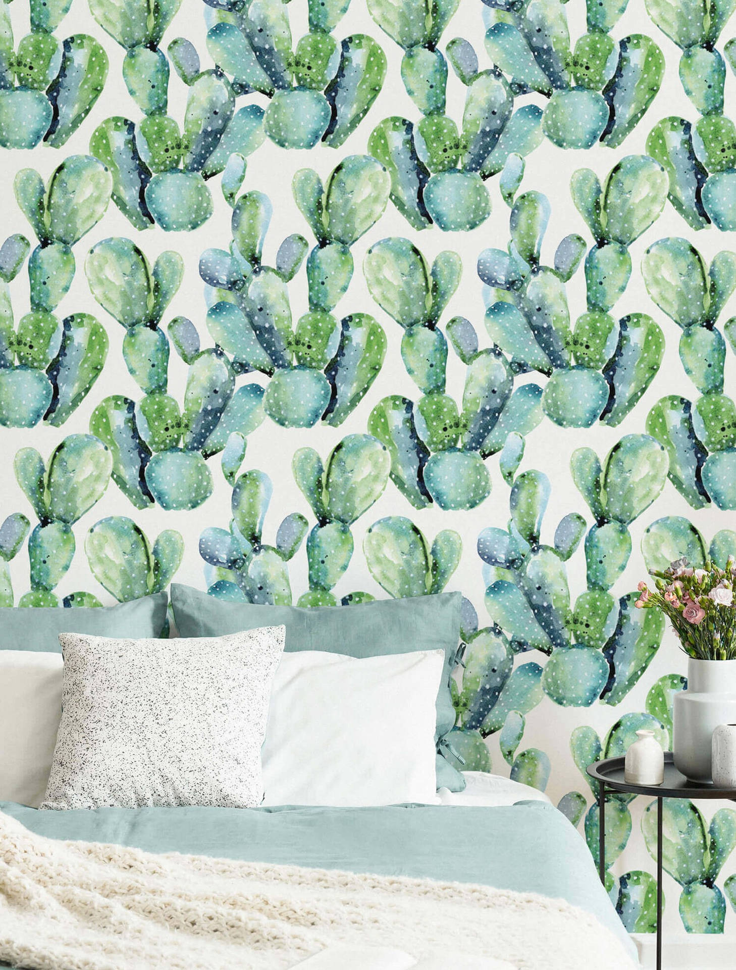 Pastel Cactus Wall Interior Design Wallpaper