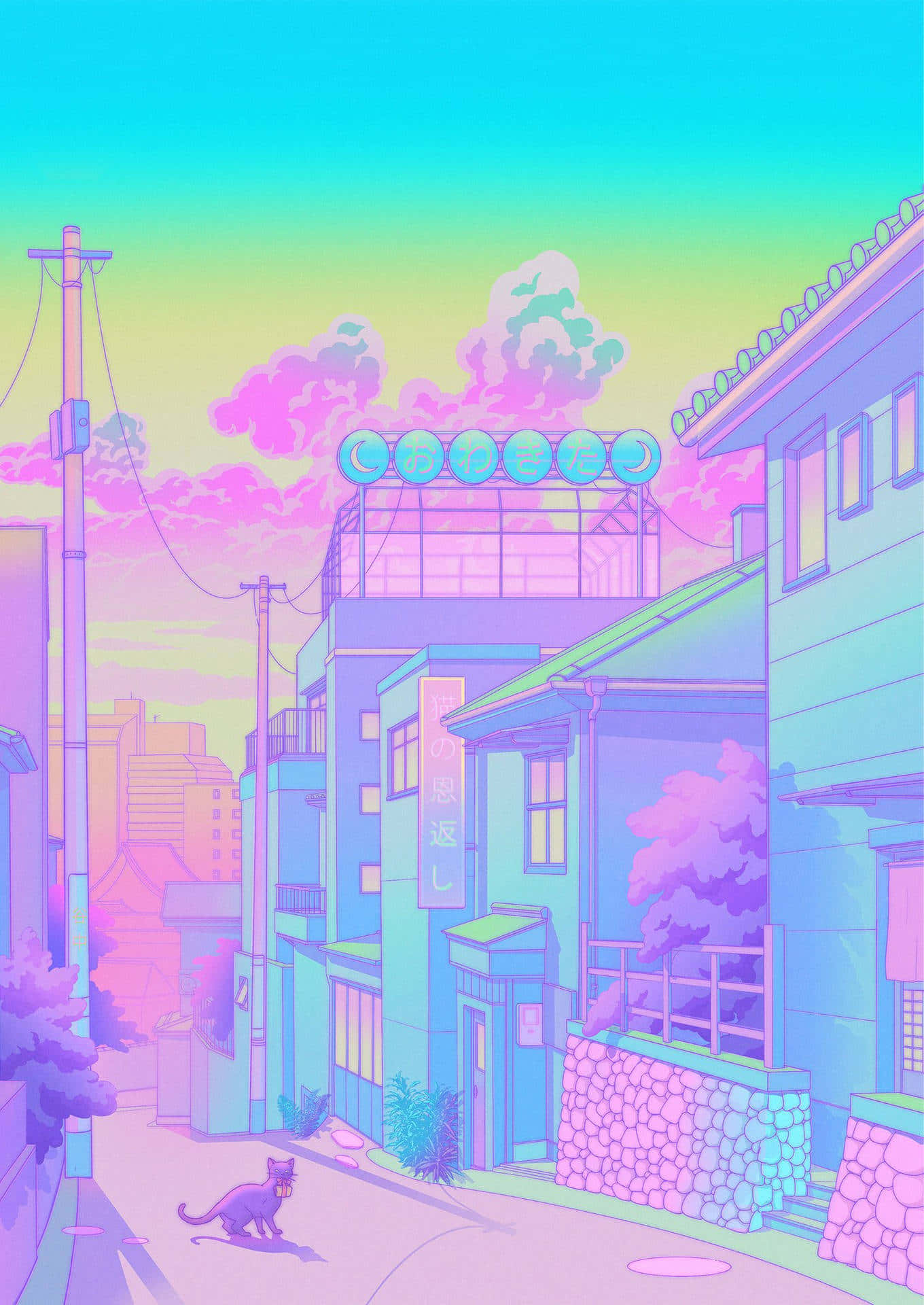 Pastel Cat Urban Sunset Wallpaper