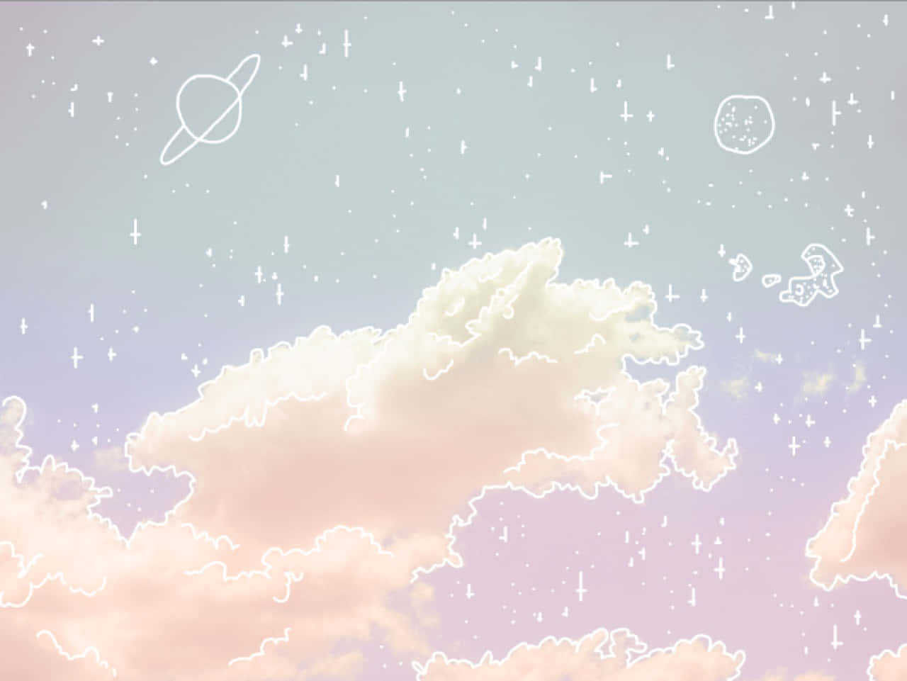 A Pink And White Sky With Clouds And Stars