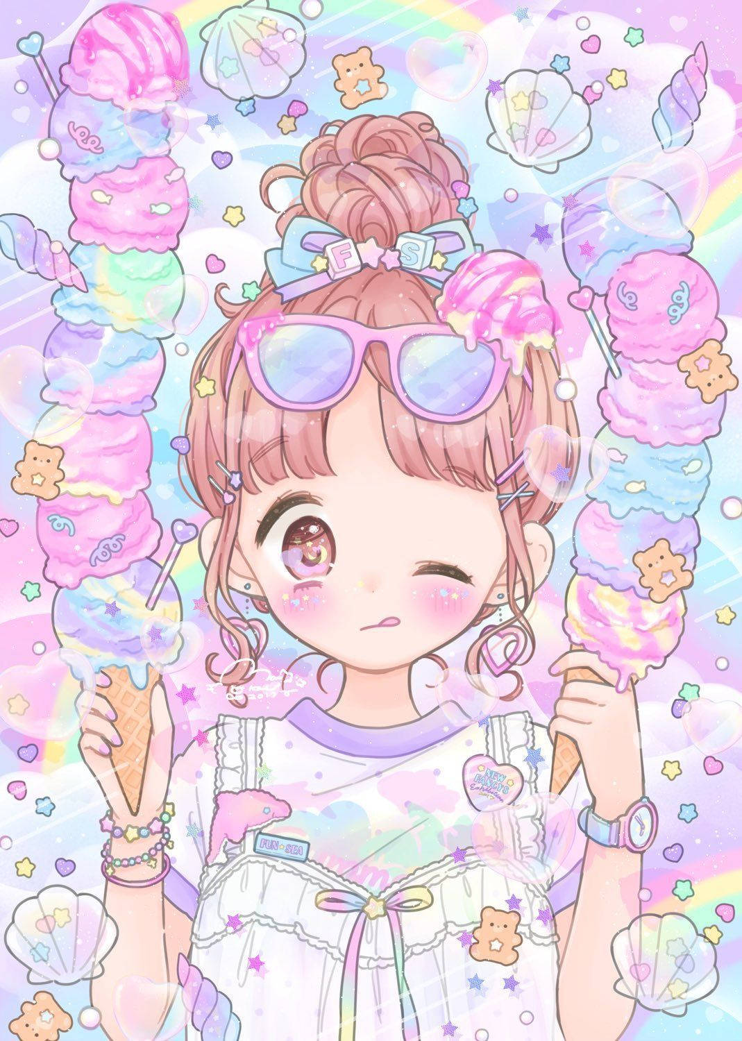 Pastel Cute Girl Enjoying Ice Cream Wallpaper