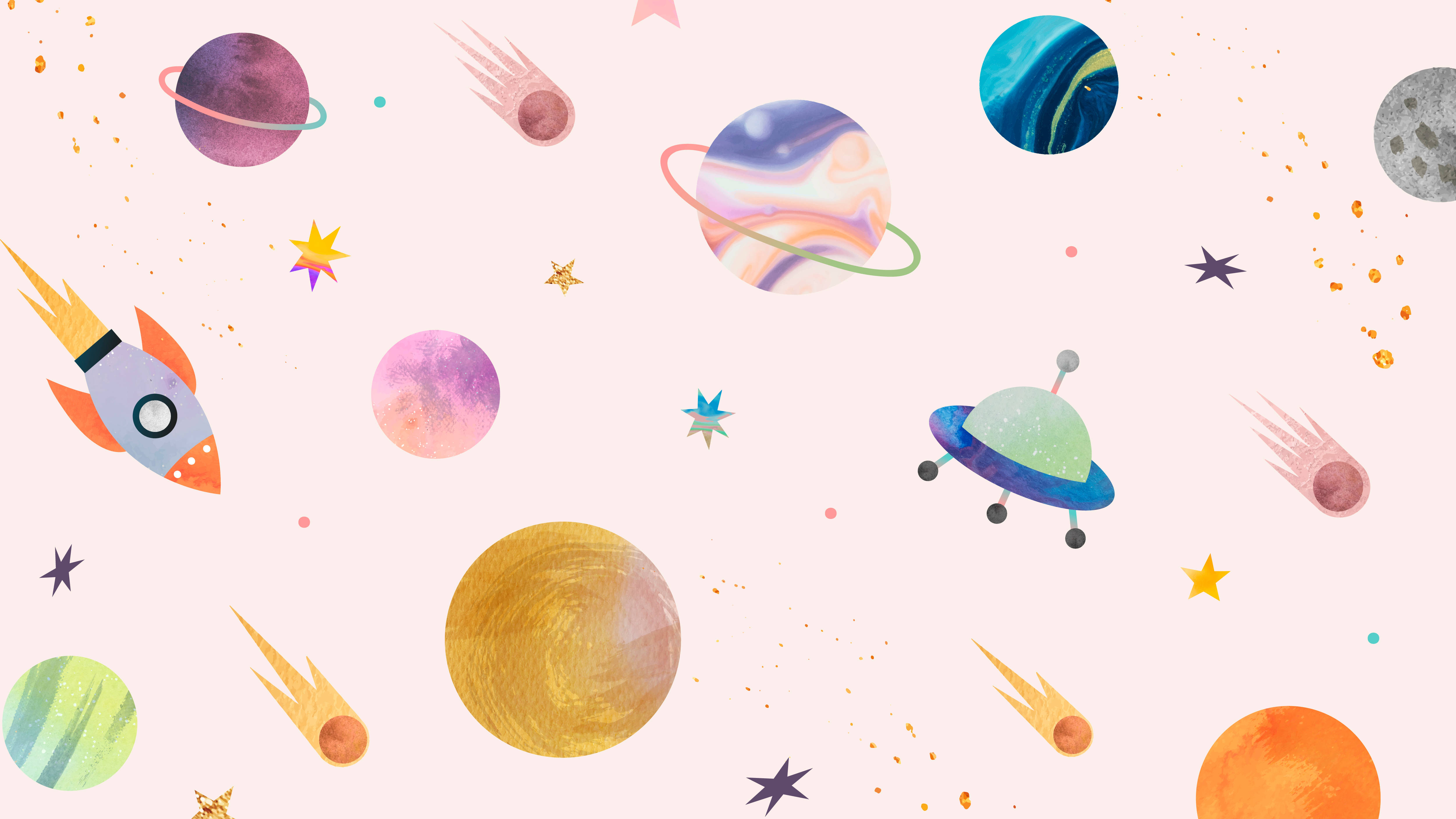 Pastel Galaxy Watercolor Planets Doodle Wallpaper